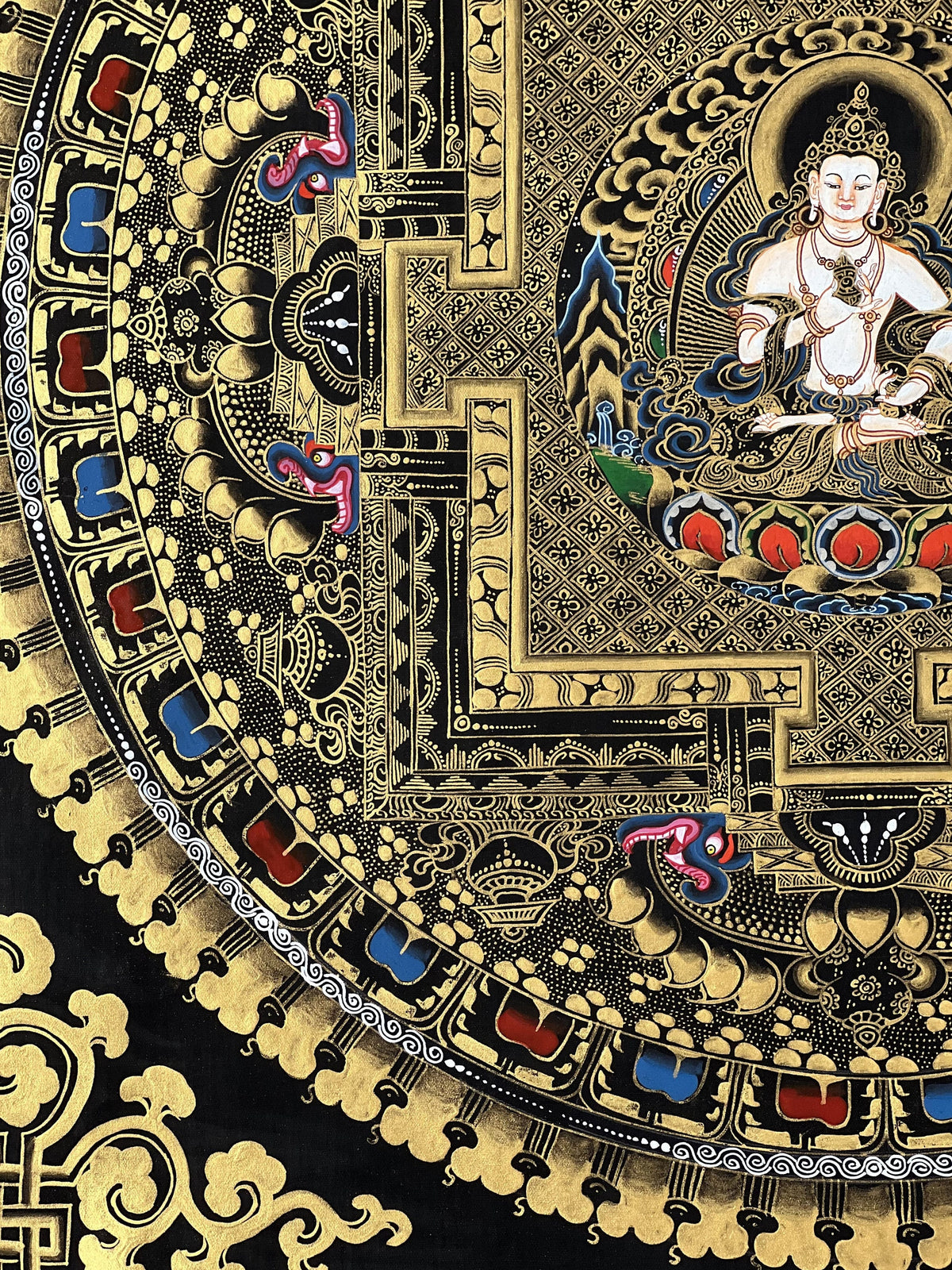 Vajrasattva Mandala Thangka Painting, Black and Gold Buddhist Art