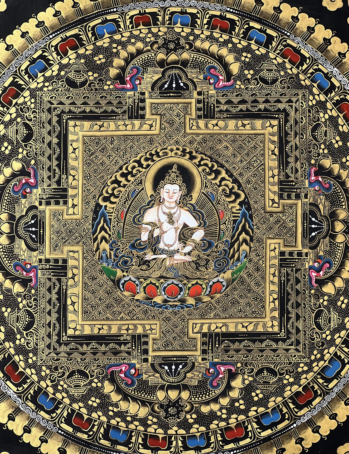 Vajrasattva Mandala Thangka Painting, Black and Gold Buddhist Art