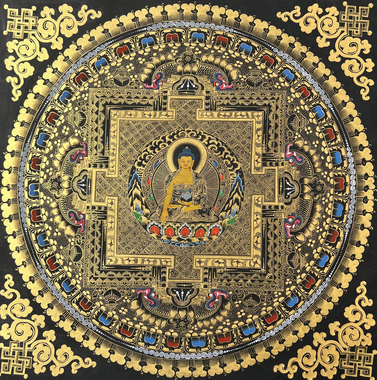 Hand-Painted Shakyamuni Buddha Mandala Thangka, Black & Gold Tibetan Art