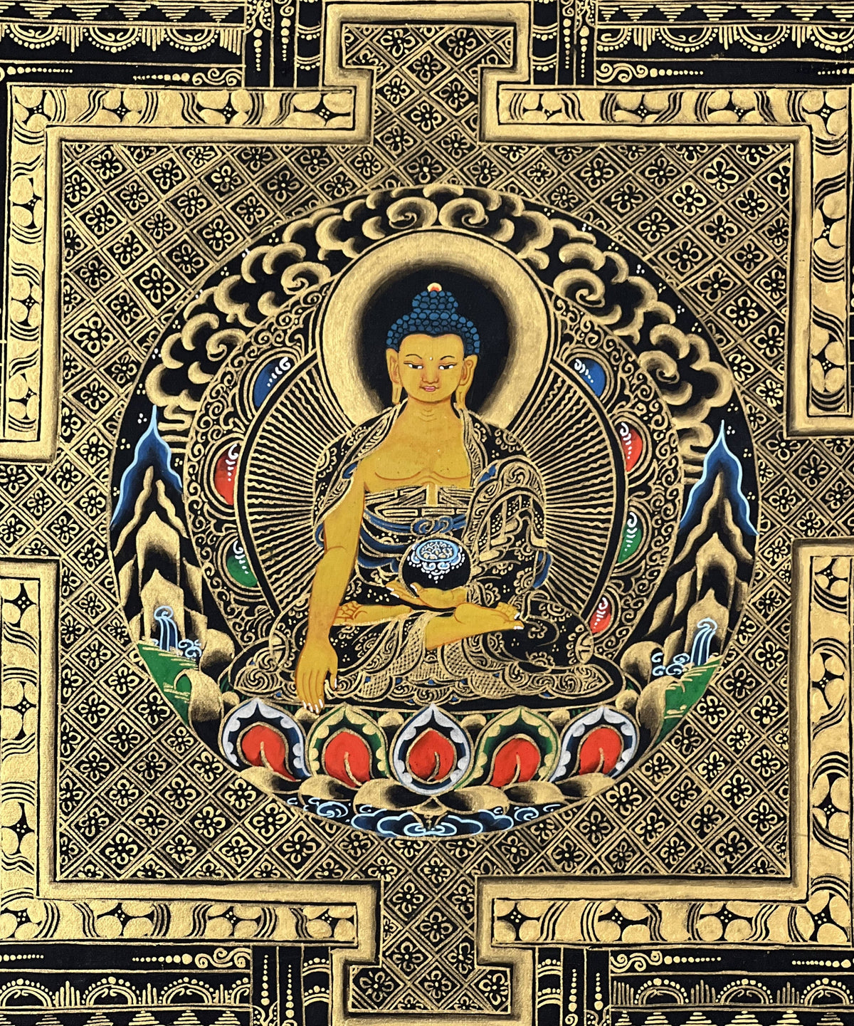 Hand-Painted Shakyamuni Buddha Mandala Thangka, Black & Gold Tibetan Art