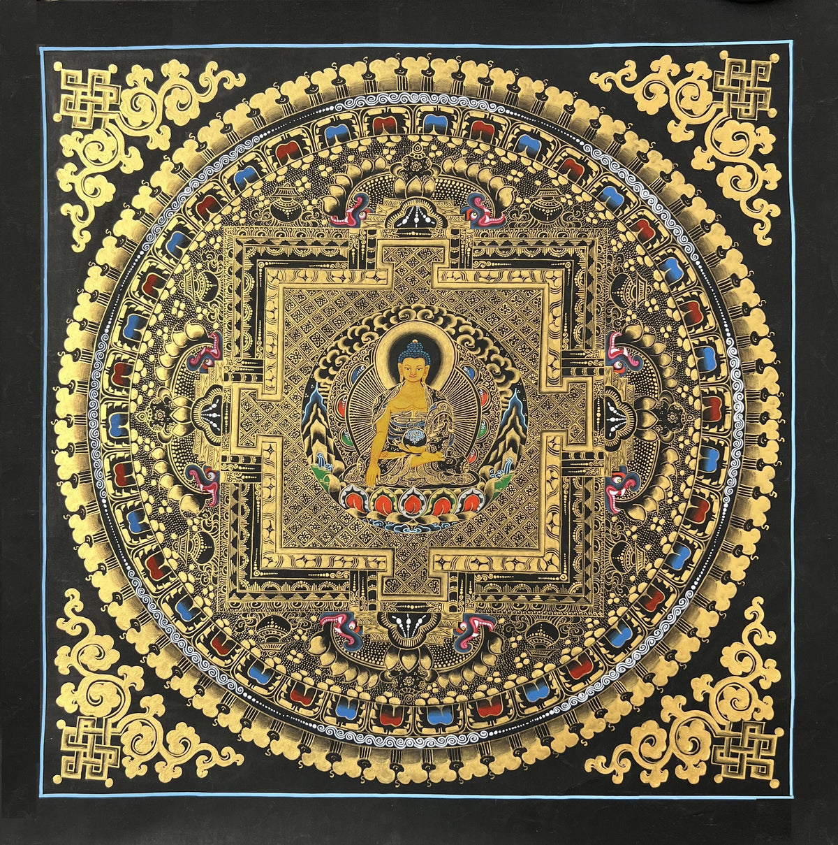 Hand-Painted Shakyamuni Buddha Mandala Thangka, Black & Gold Tibetan Art