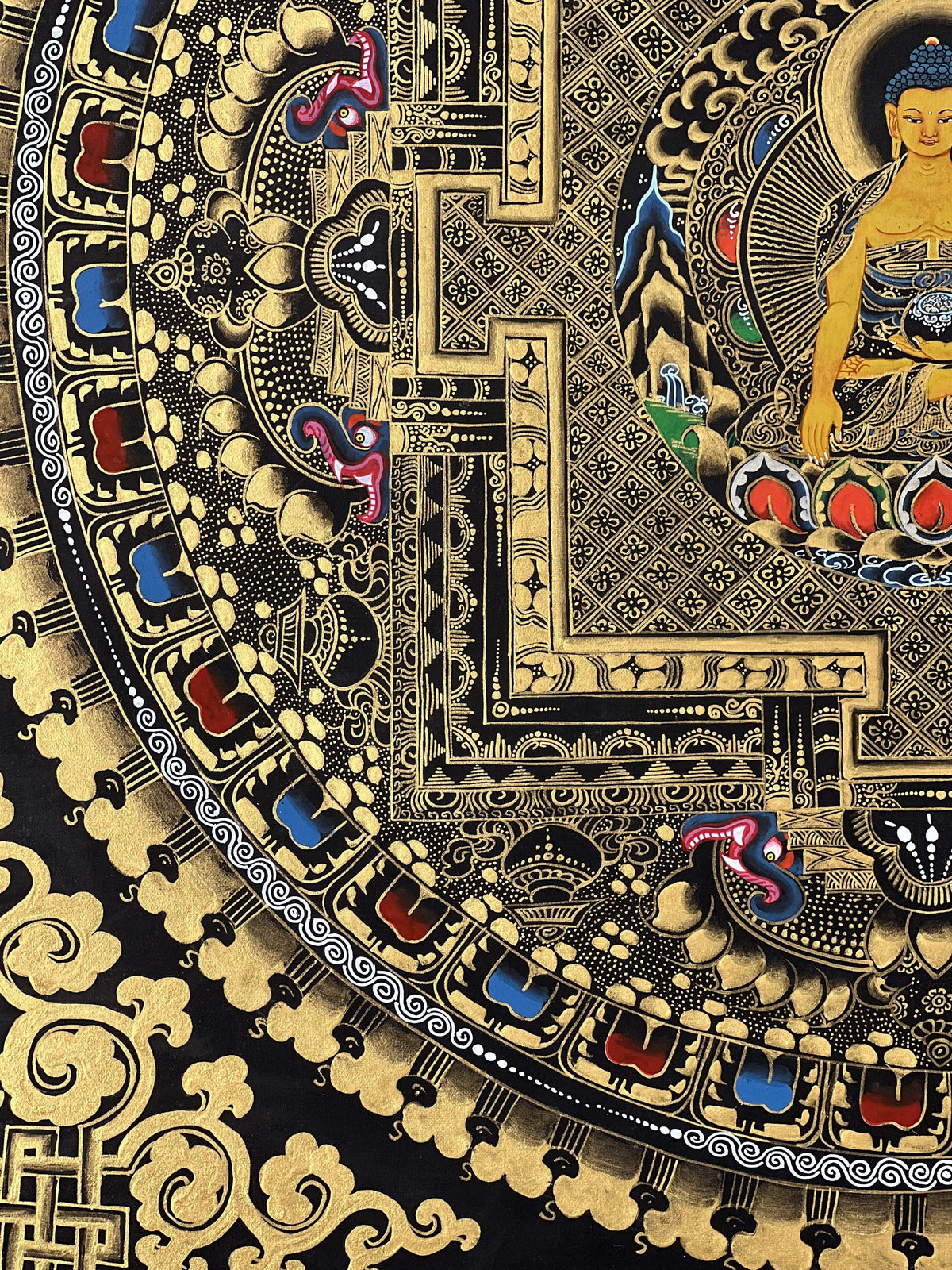 Hand-Painted Shakyamuni Buddha Mandala Thangka, Black & Gold Tibetan Art