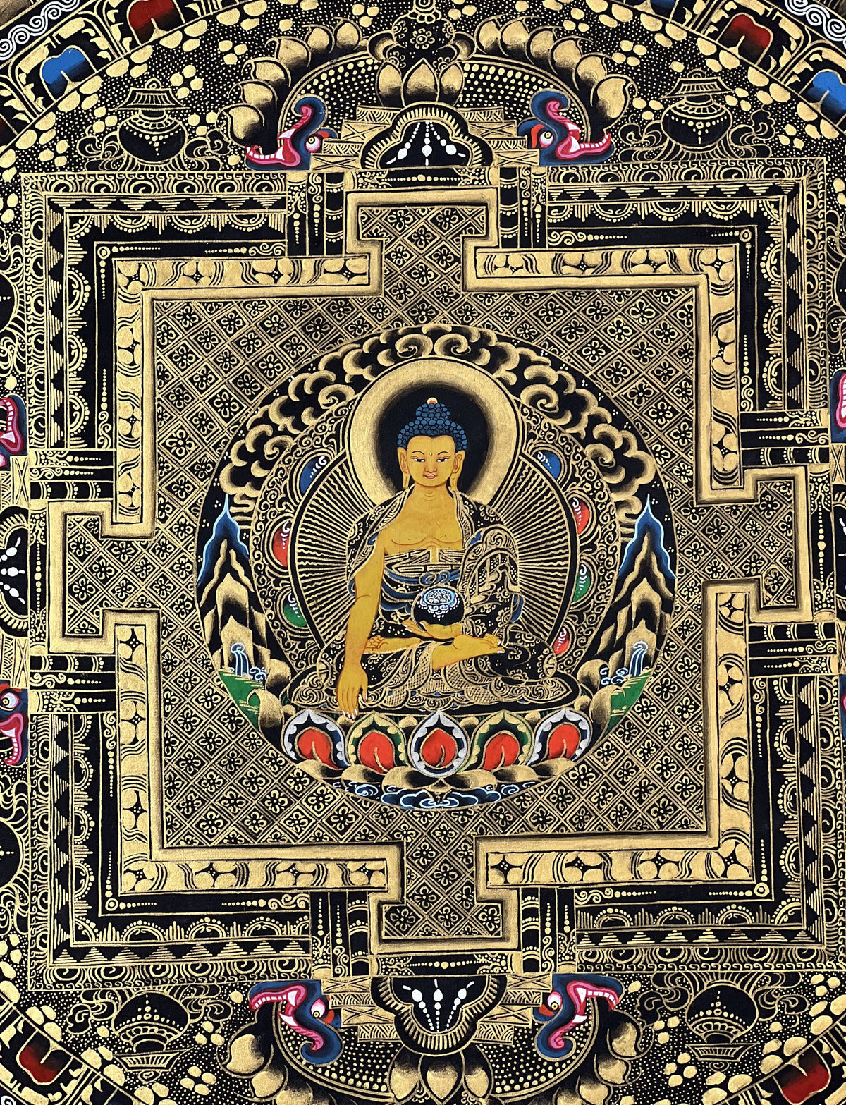 Hand-Painted Shakyamuni Buddha Mandala Thangka, Black & Gold Tibetan Art