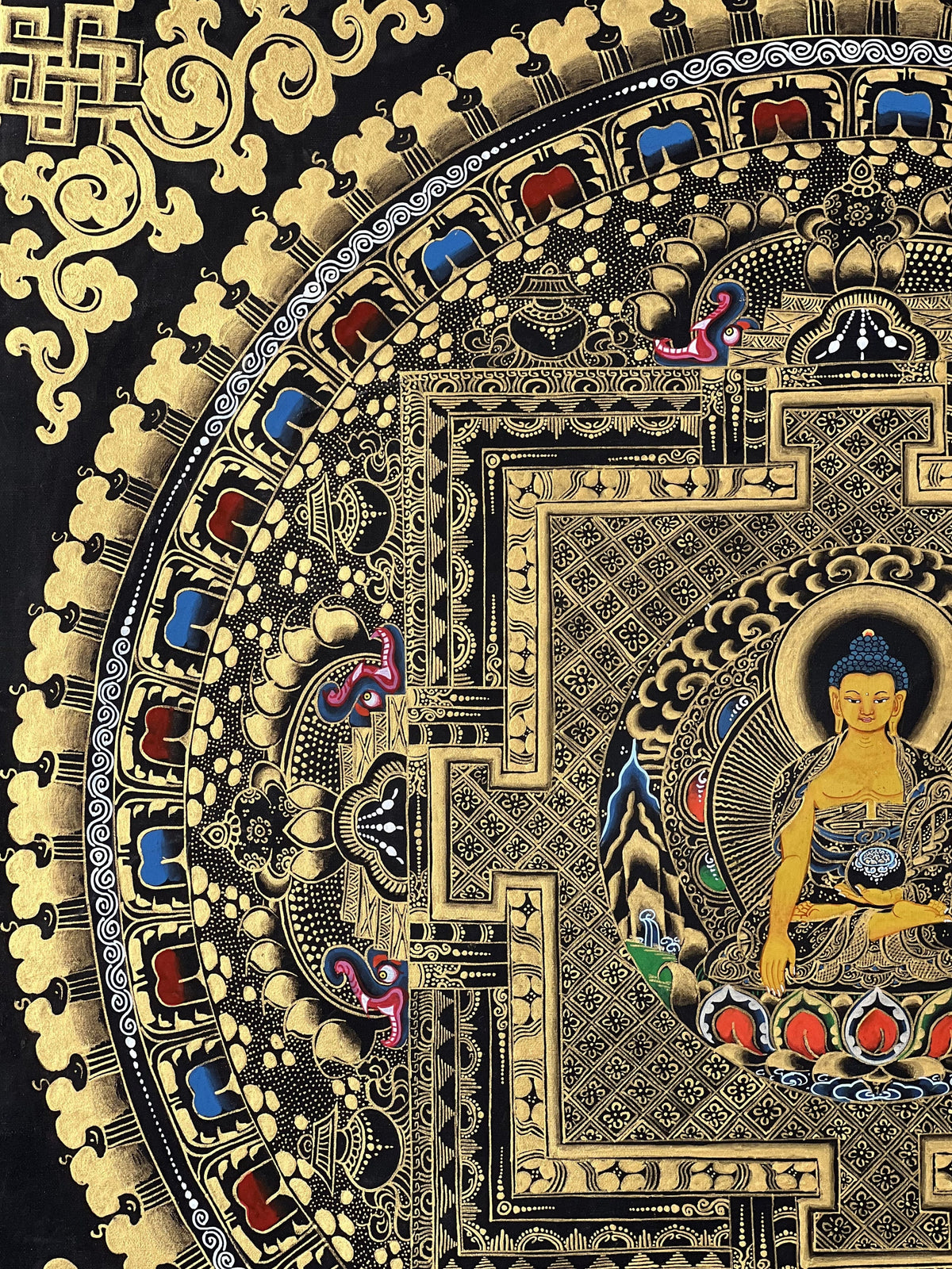 Hand-Painted Shakyamuni Buddha Mandala Thangka, Black & Gold Tibetan Art