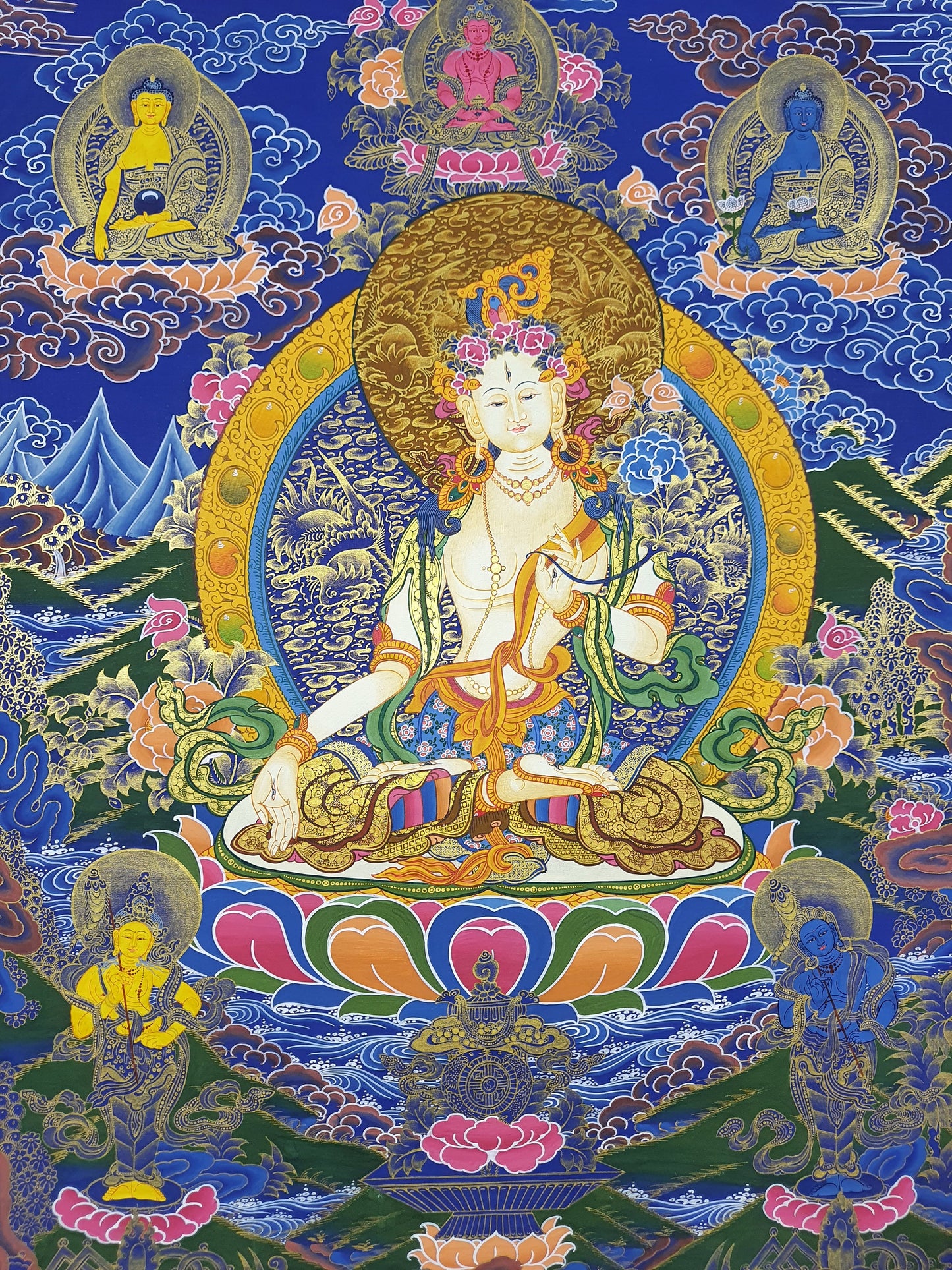 Hand-Painted White Tara Thangka: Tibetan Meditation Painting
