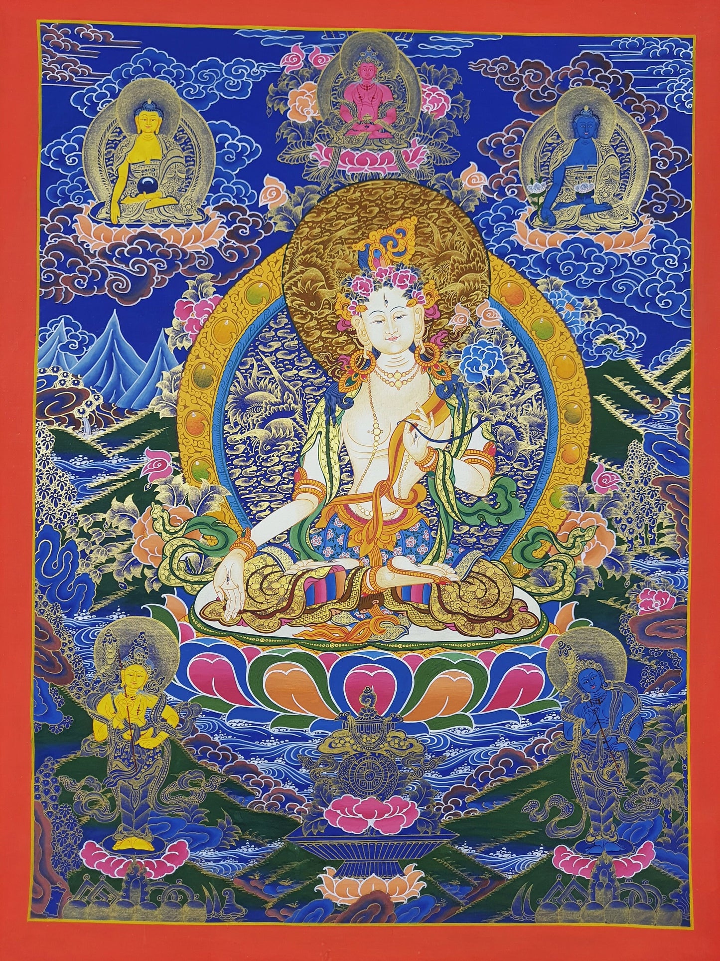 Hand-Painted White Tara Thangka: Tibetan Meditation Painting