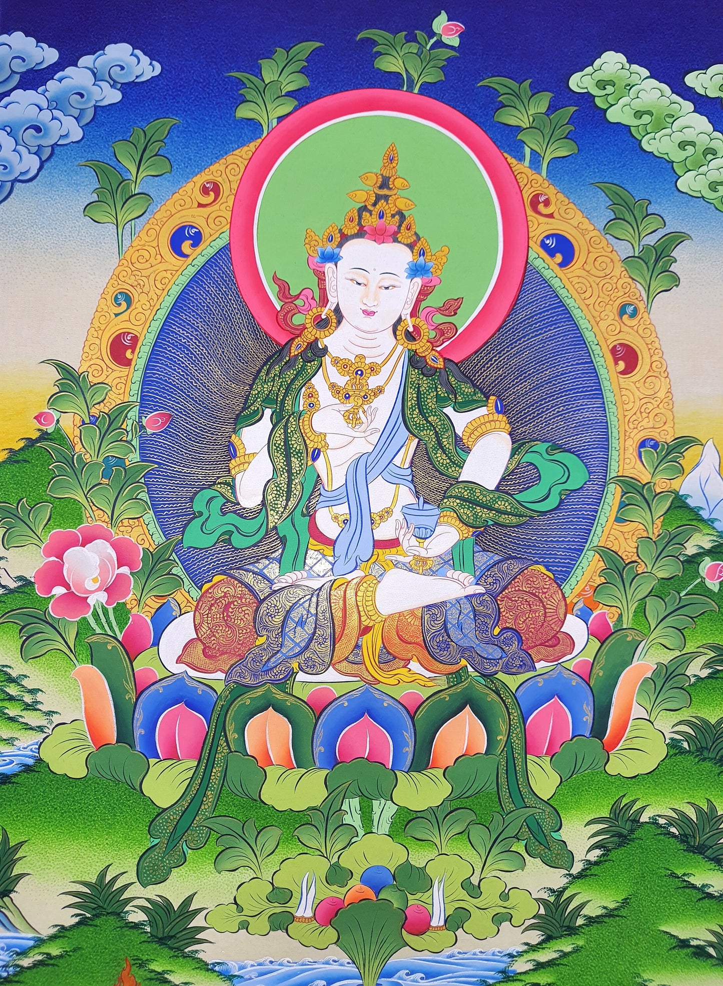 Hand-Painted Vajrasattva Thangka – Gold Tibetan Meditation Art