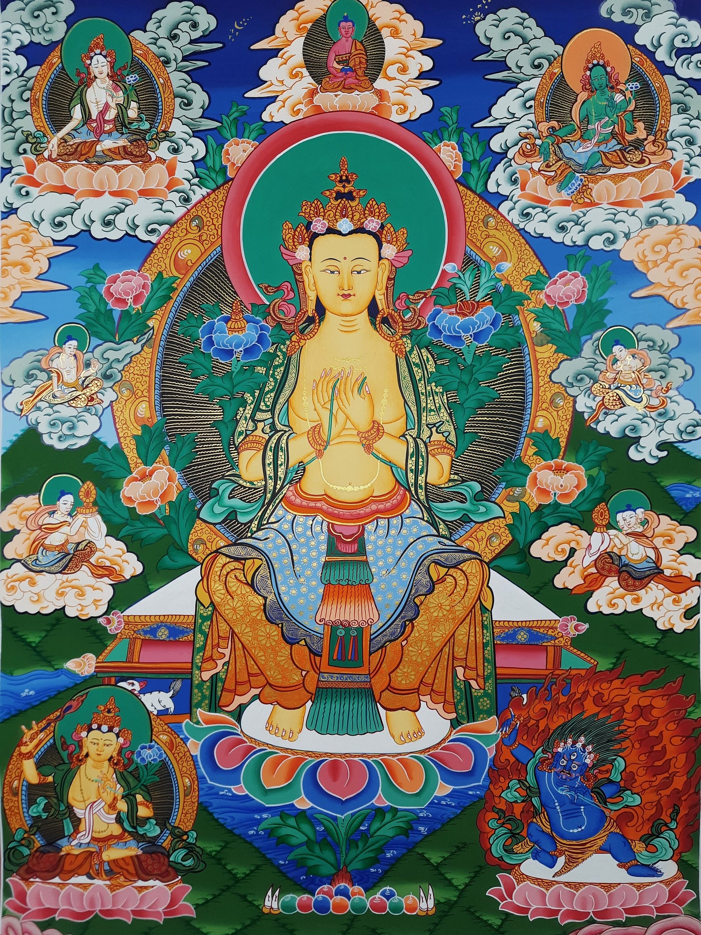 Hand-Painted Maitreya Buddha Thangka Painting, Gold Tibetan Art