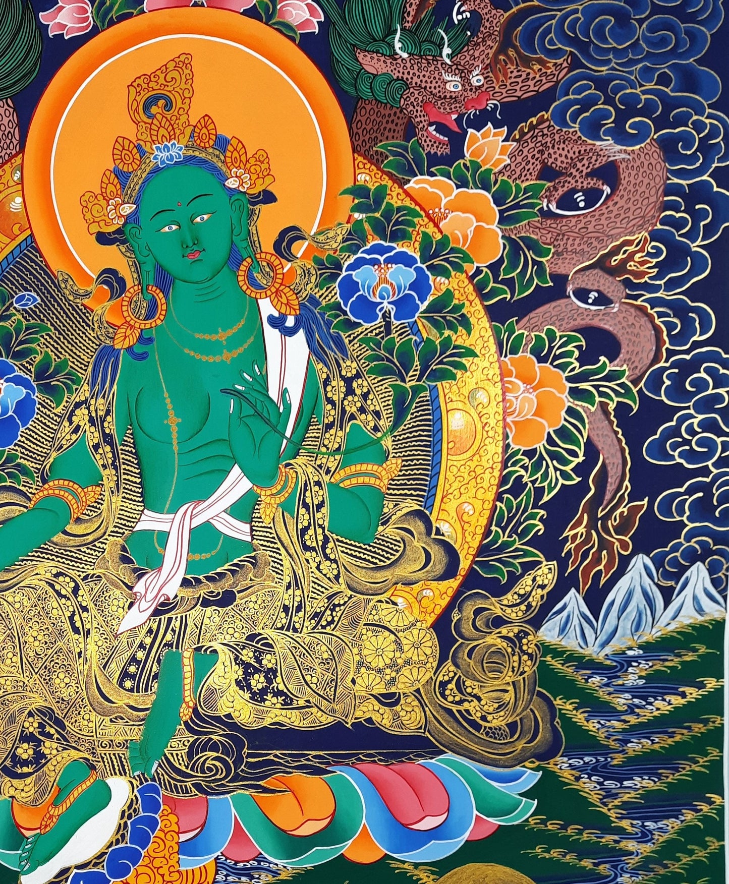 Hand-Painted Green Tara Thangka, 24k Gold Tibetan Art, Nepal