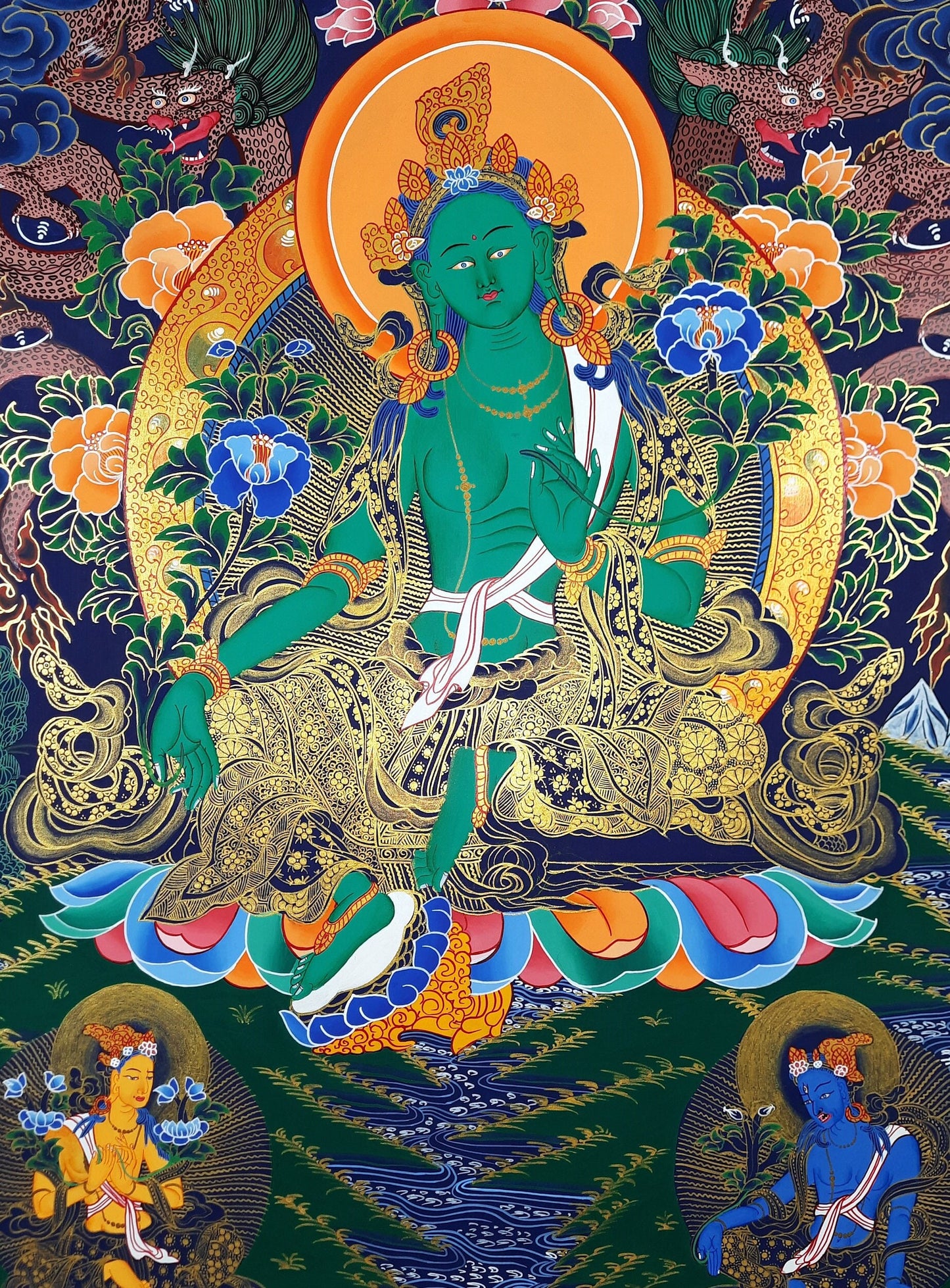 Hand-Painted Green Tara Thangka, 24k Gold Tibetan Art, Nepal