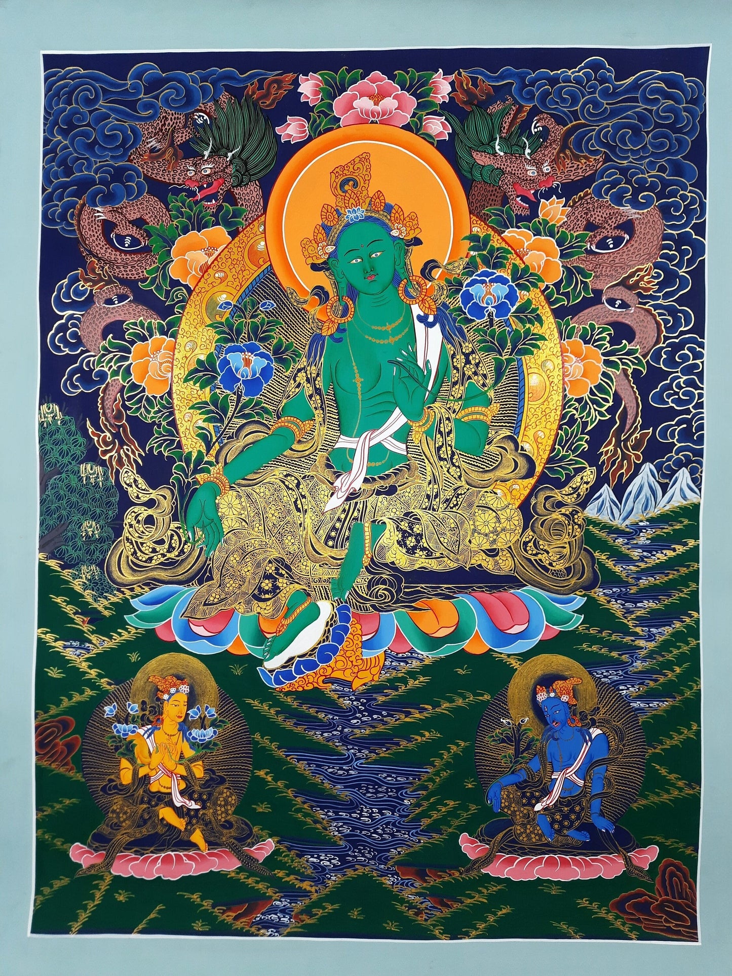 Hand-Painted Green Tara Thangka, 24k Gold Tibetan Art, Nepal
