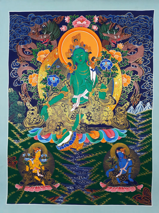 Hand-Painted Green Tara Thangka, 24k Gold Tibetan Art, Nepal