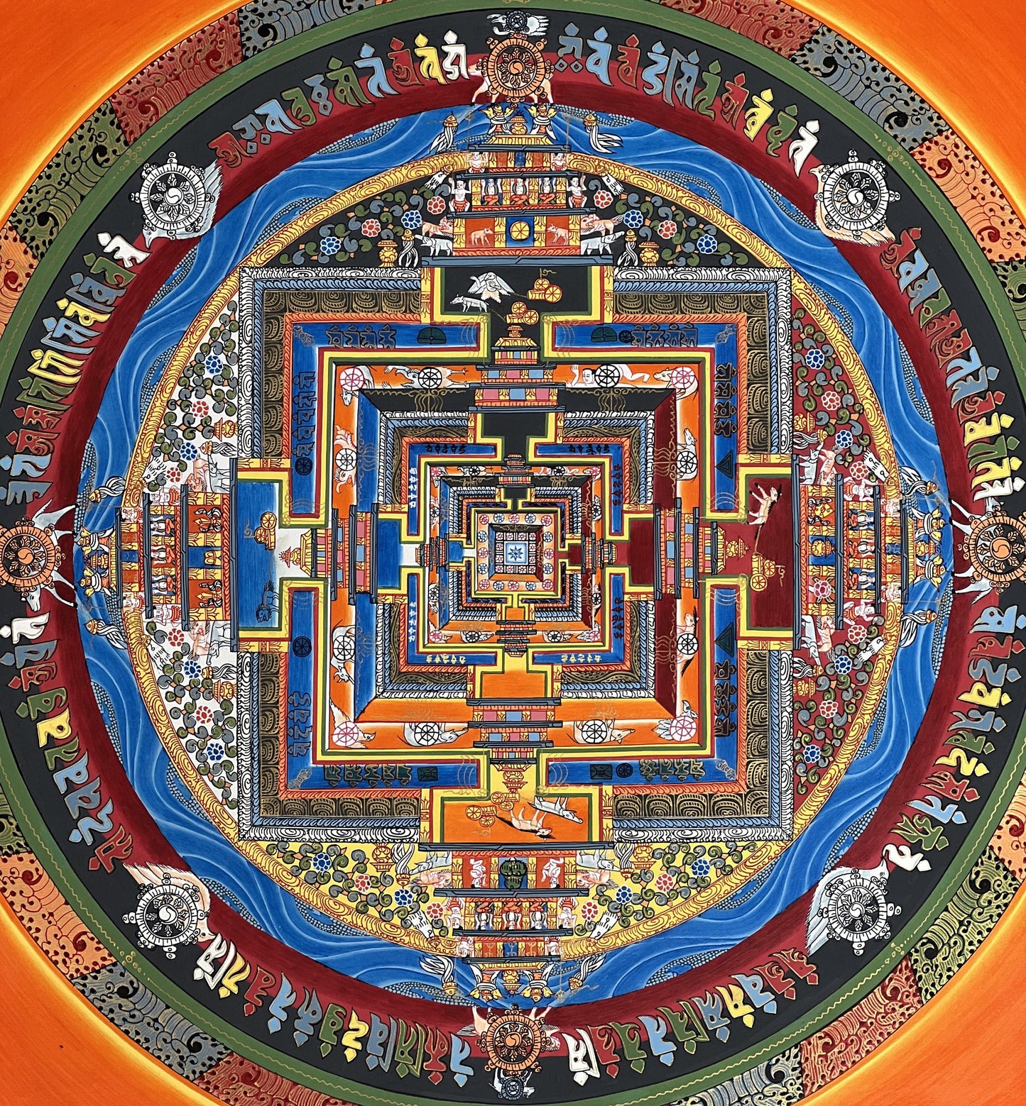Hand-Painted Kalachakra Mandala Thangka 24x24 inch | Authentic Tibetan Buddhist Art on Cotton Canvas