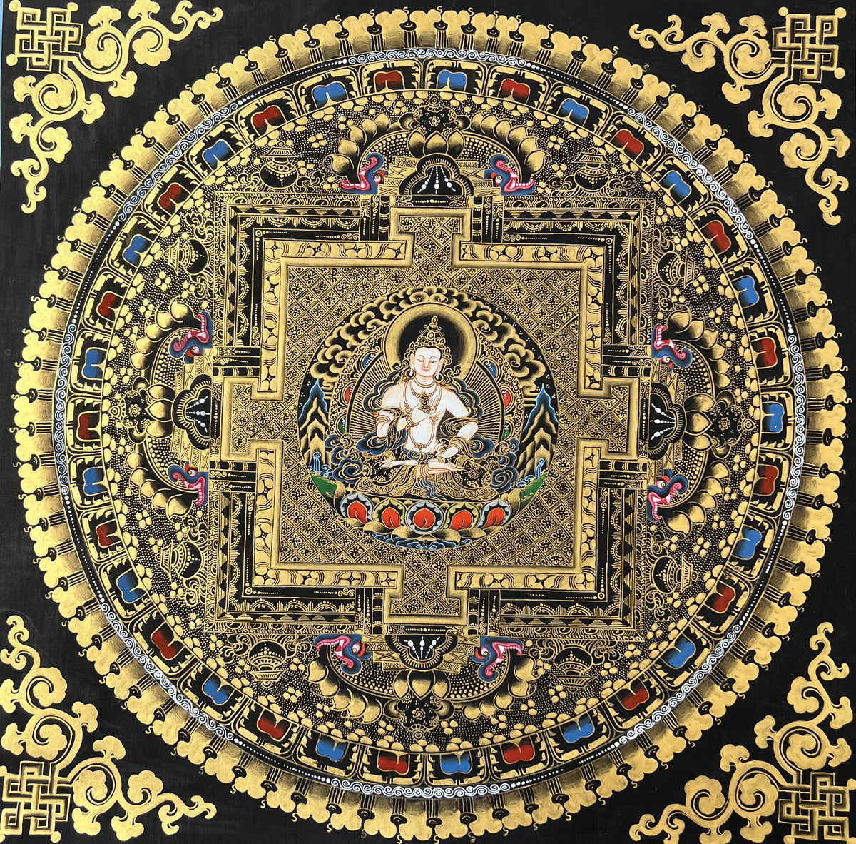 Vajrasattva Mandala Thangka Painting, Black and Gold Buddhist Art