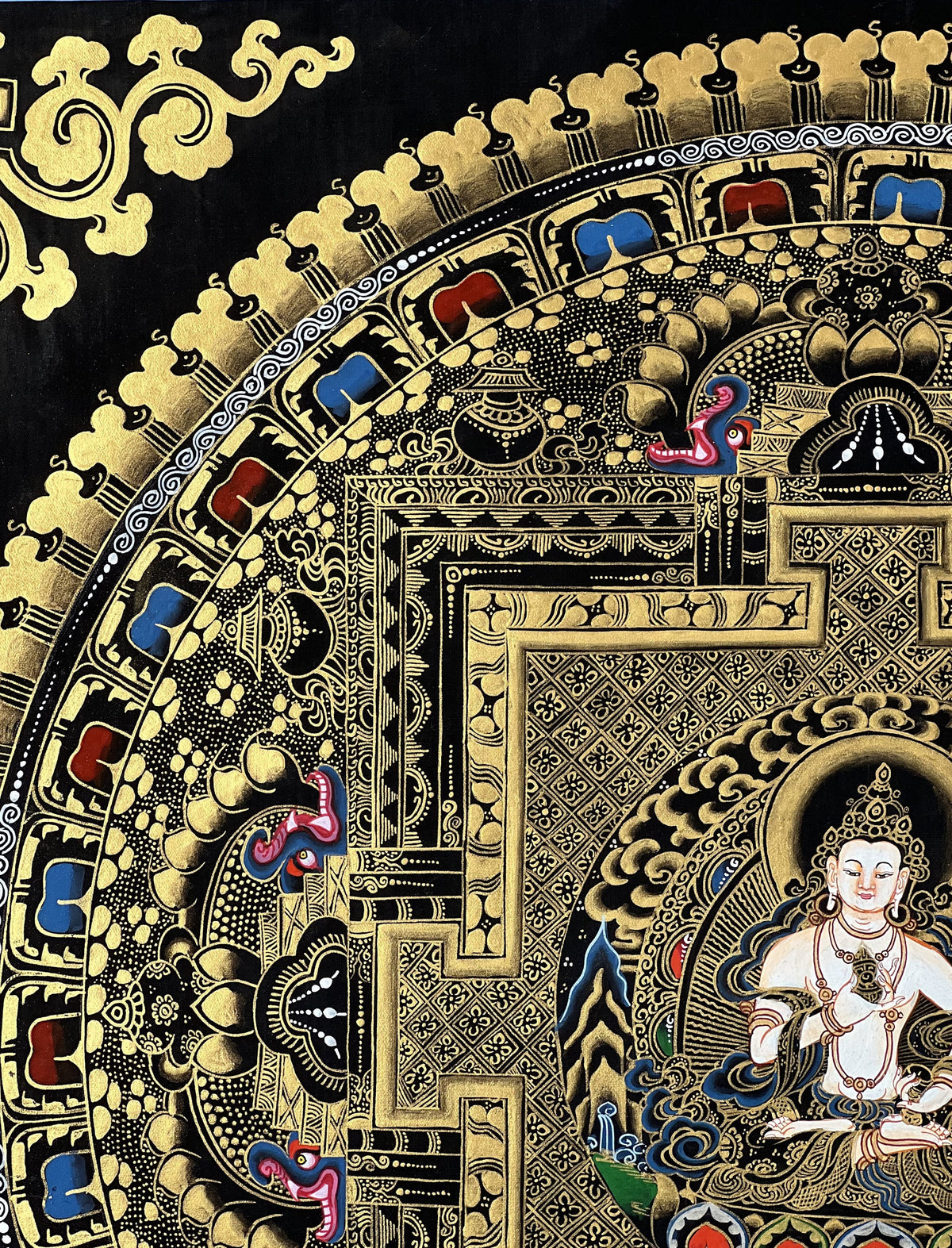 Vajrasattva Mandala Thangka Painting, Black and Gold Buddhist Art