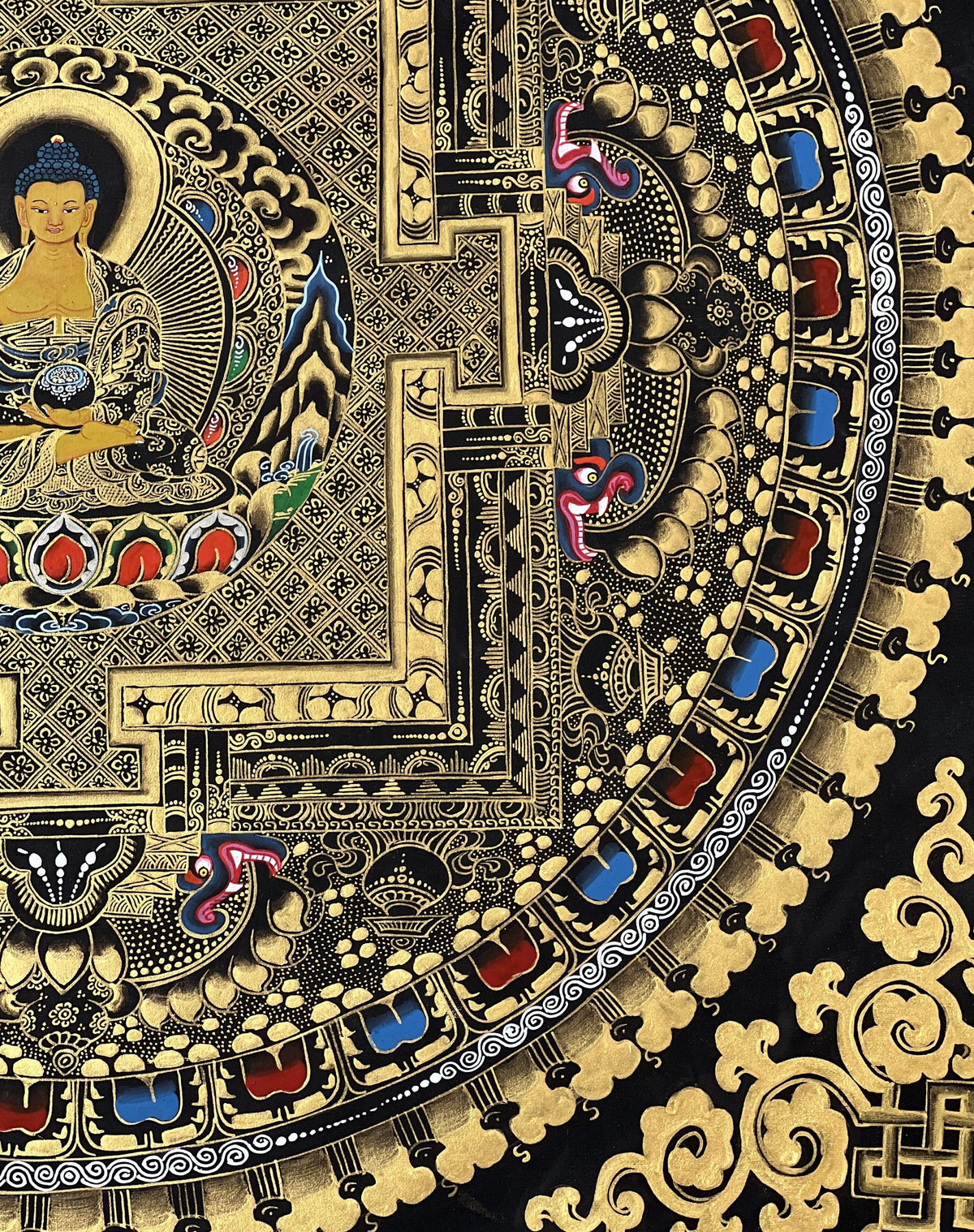 Hand-Painted Shakyamuni Buddha Mandala Thangka, Black & Gold Tibetan Art