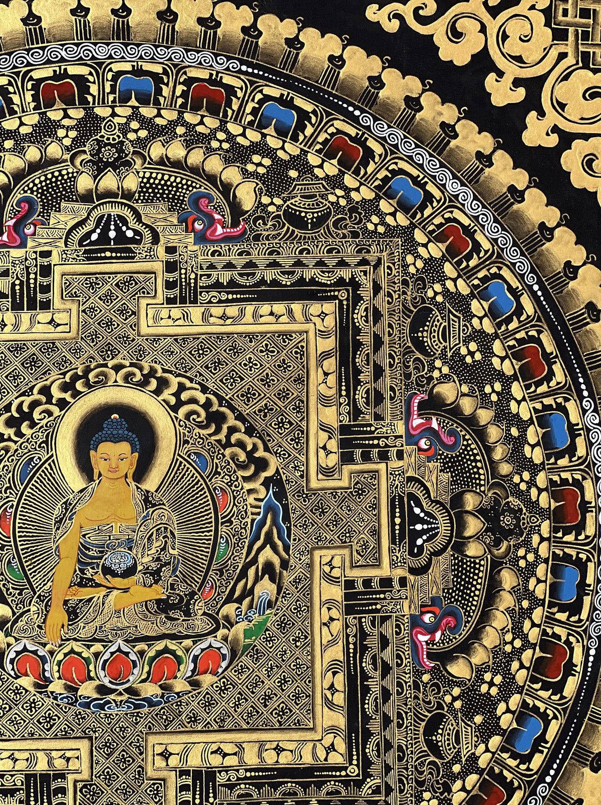 Hand-Painted Shakyamuni Buddha Mandala Thangka, Black & Gold Tibetan Art