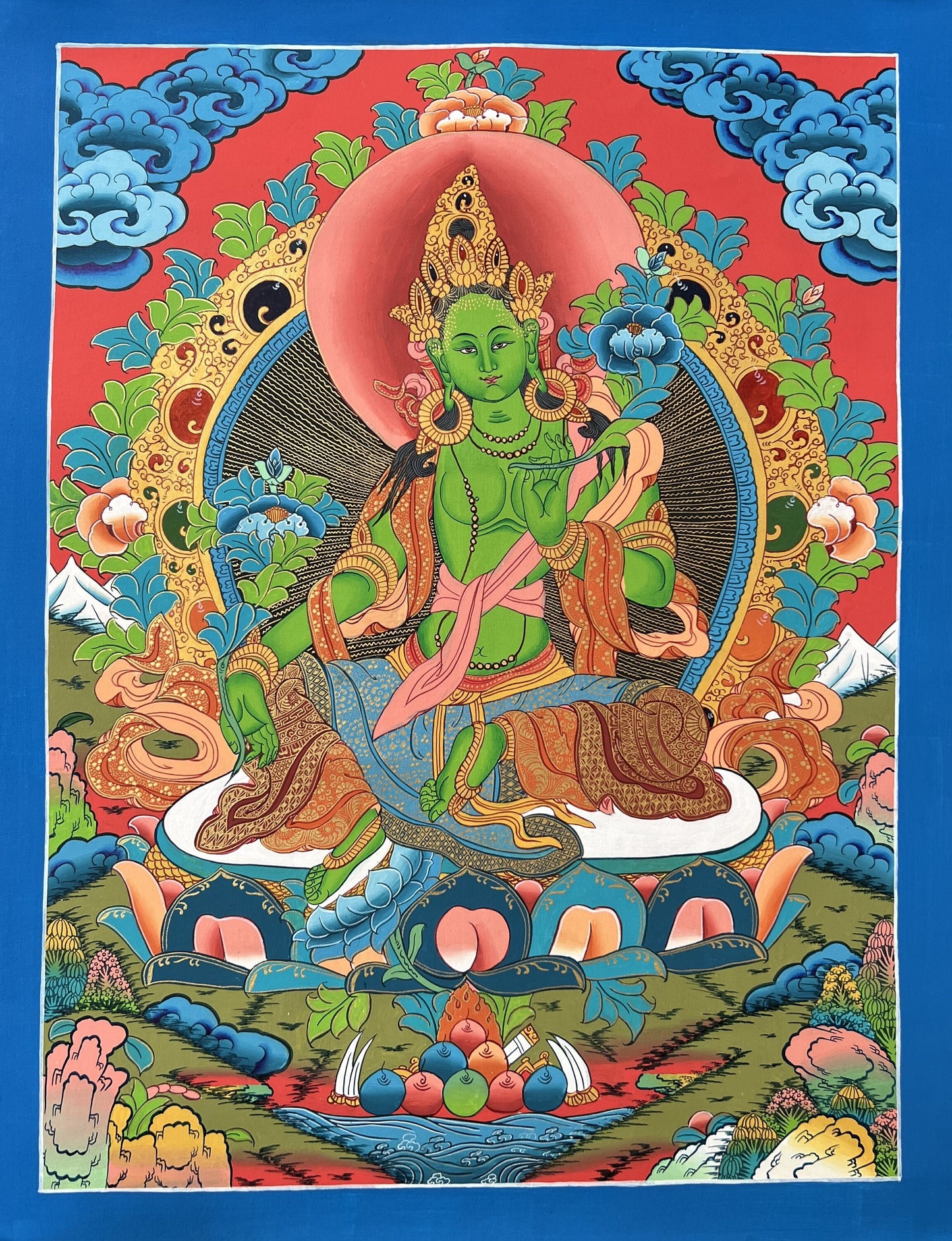 Hand-Painted Green Tara Thangka - Tibetan Goddess of Compassion and Protection with Silk Brocade