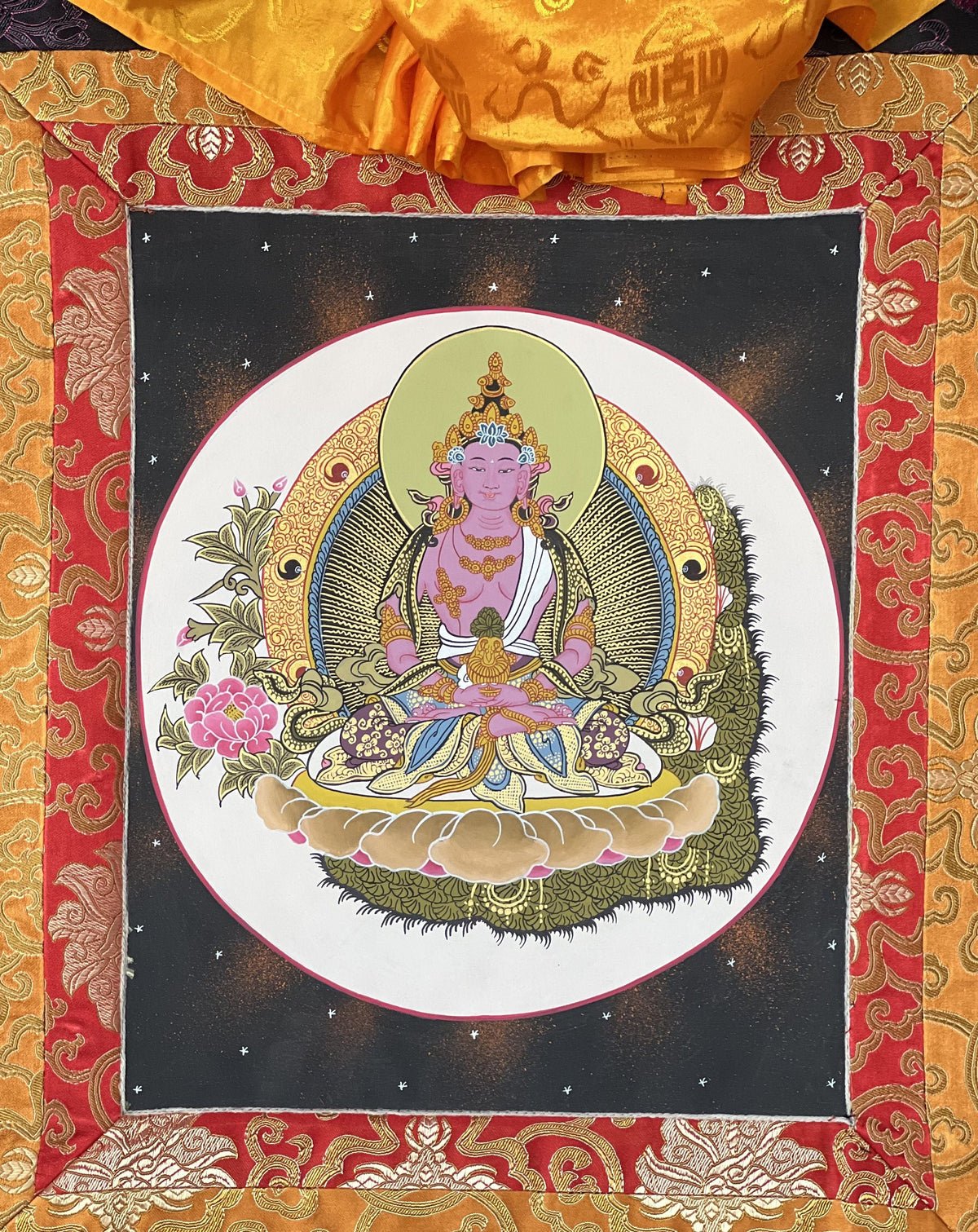Hand-Painted Amitayus Buddha Thangka with Silk Brocade
