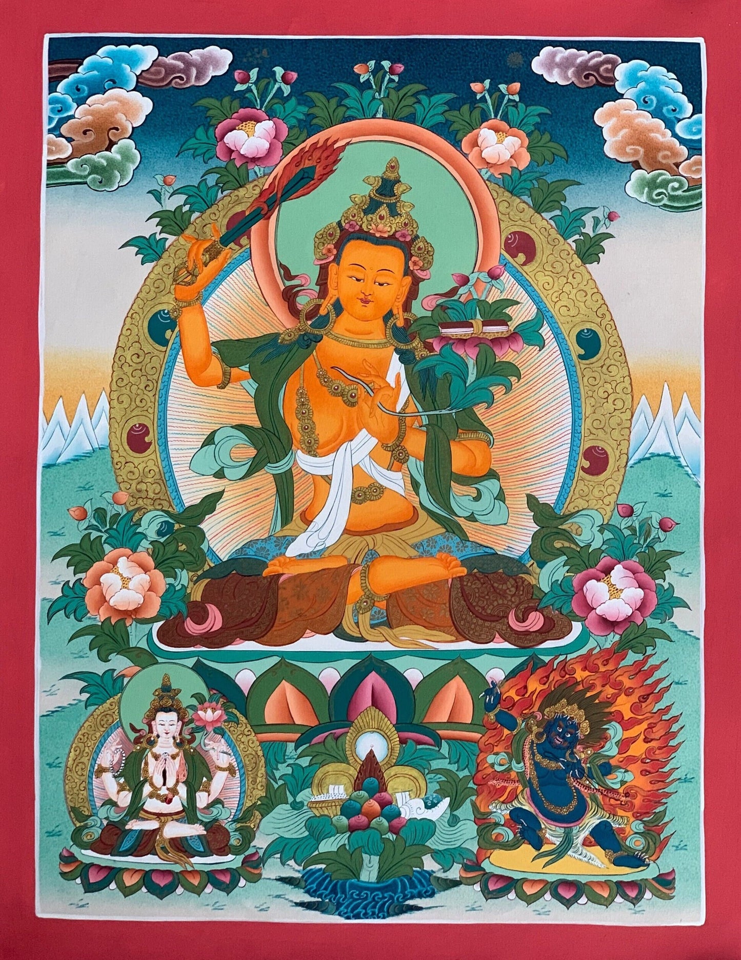 Manjushri Thangka | Hand-Painted Tibetan Wisdom Buddha Art with Silk Brocade