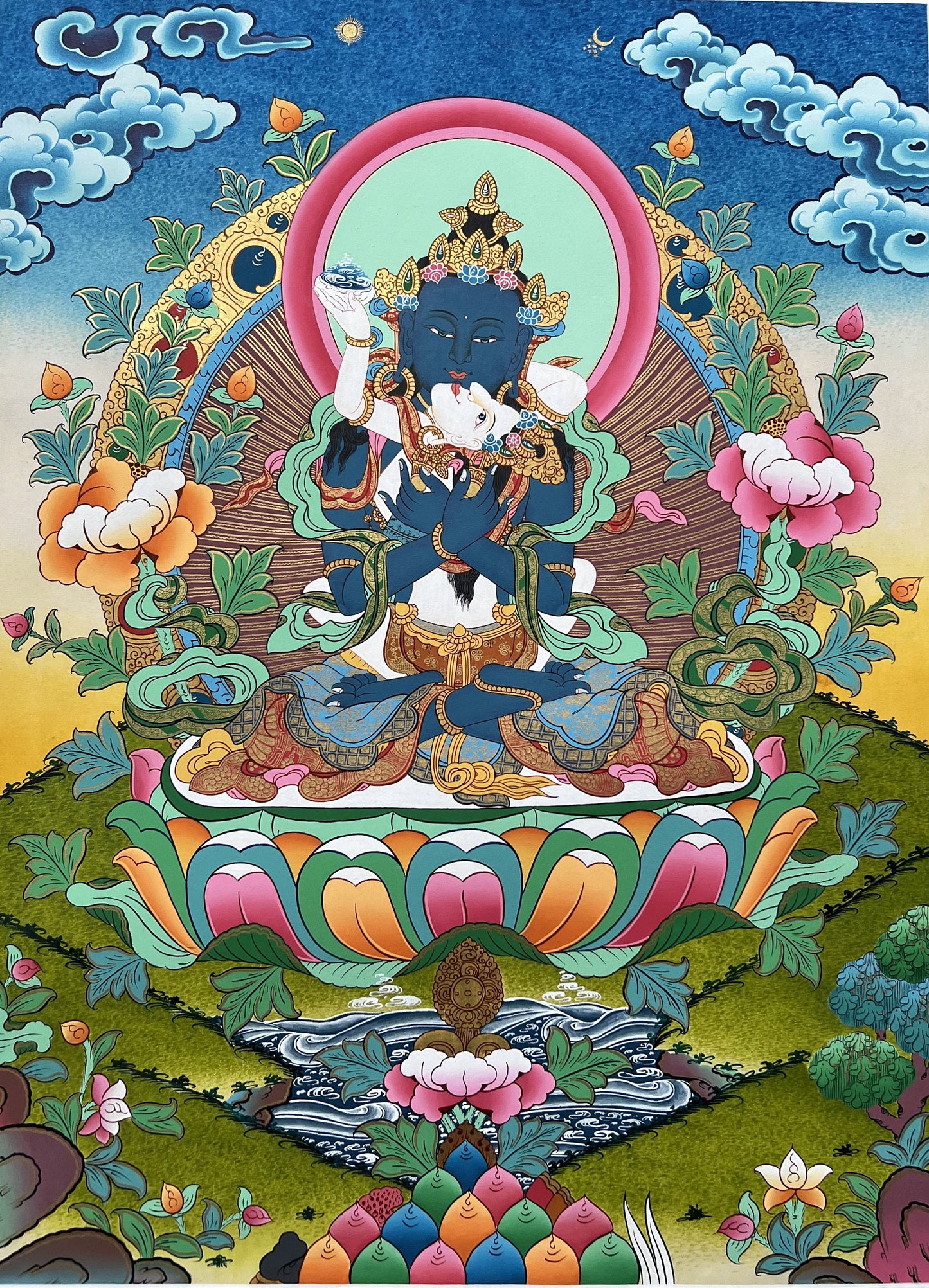 Hand-Painted Vajradhara YabYum Thangka Painting: Tibetan Tantra Art