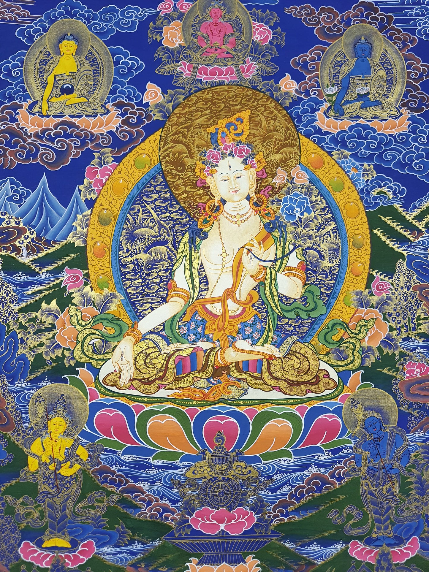 Hand-Painted White Tara Thangka: Tibetan Meditation Painting