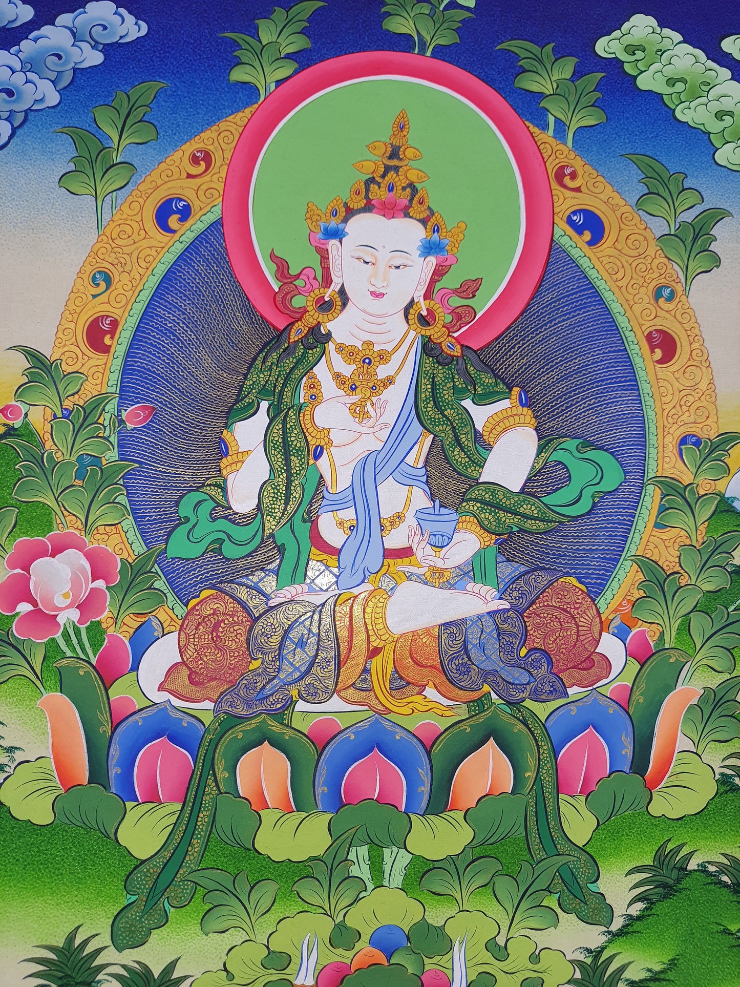 Hand-Painted Vajrasattva Thangka – Gold Tibetan Meditation Art