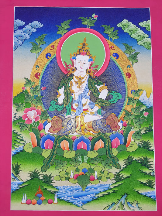 Hand-Painted Vajrasattva Thangka – Gold Tibetan Meditation Art