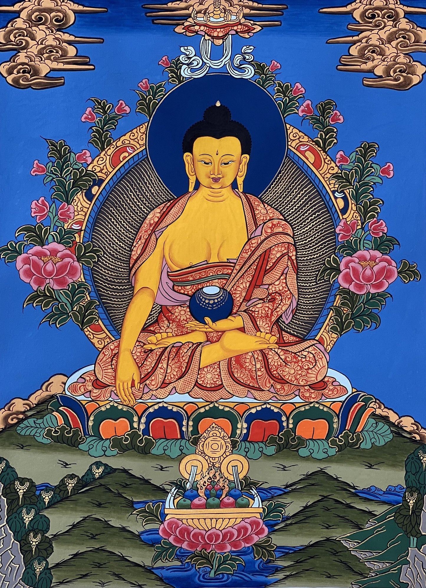 Hand-Painted Shakyamuni Buddha Thangka | Silk Brocade, Spiritual Wall Art
