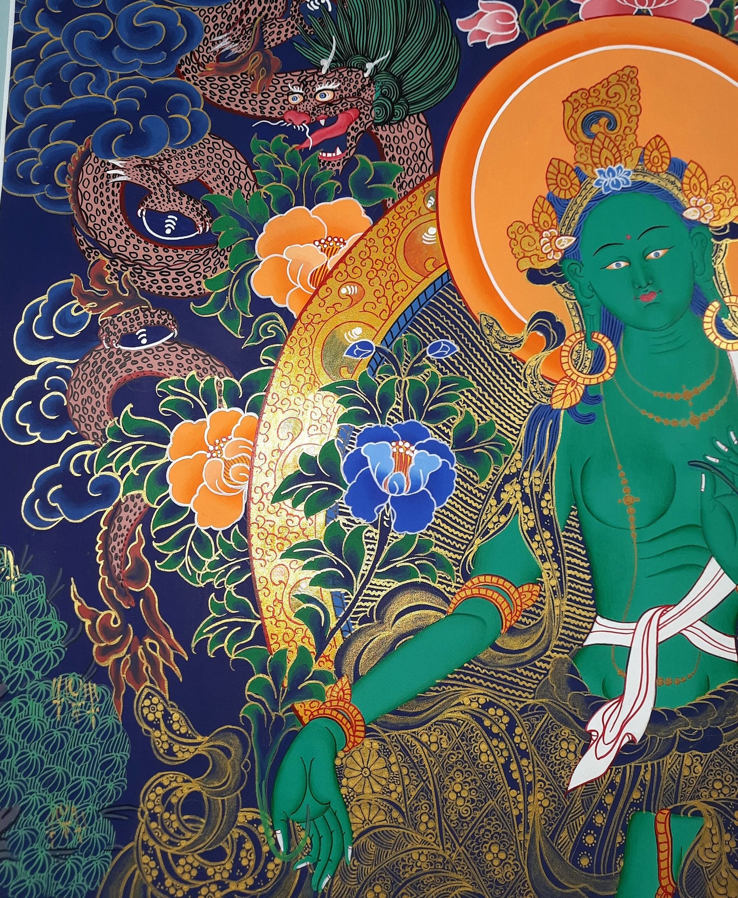 Hand-Painted Green Tara Thangka, 24k Gold Tibetan Art, Nepal