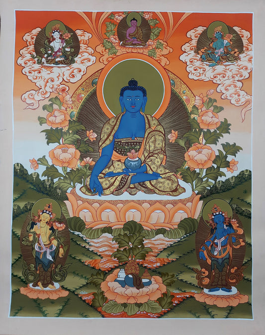 Hand-Painted Medicine Buddha Thangka, Tibetan Wall Hanging