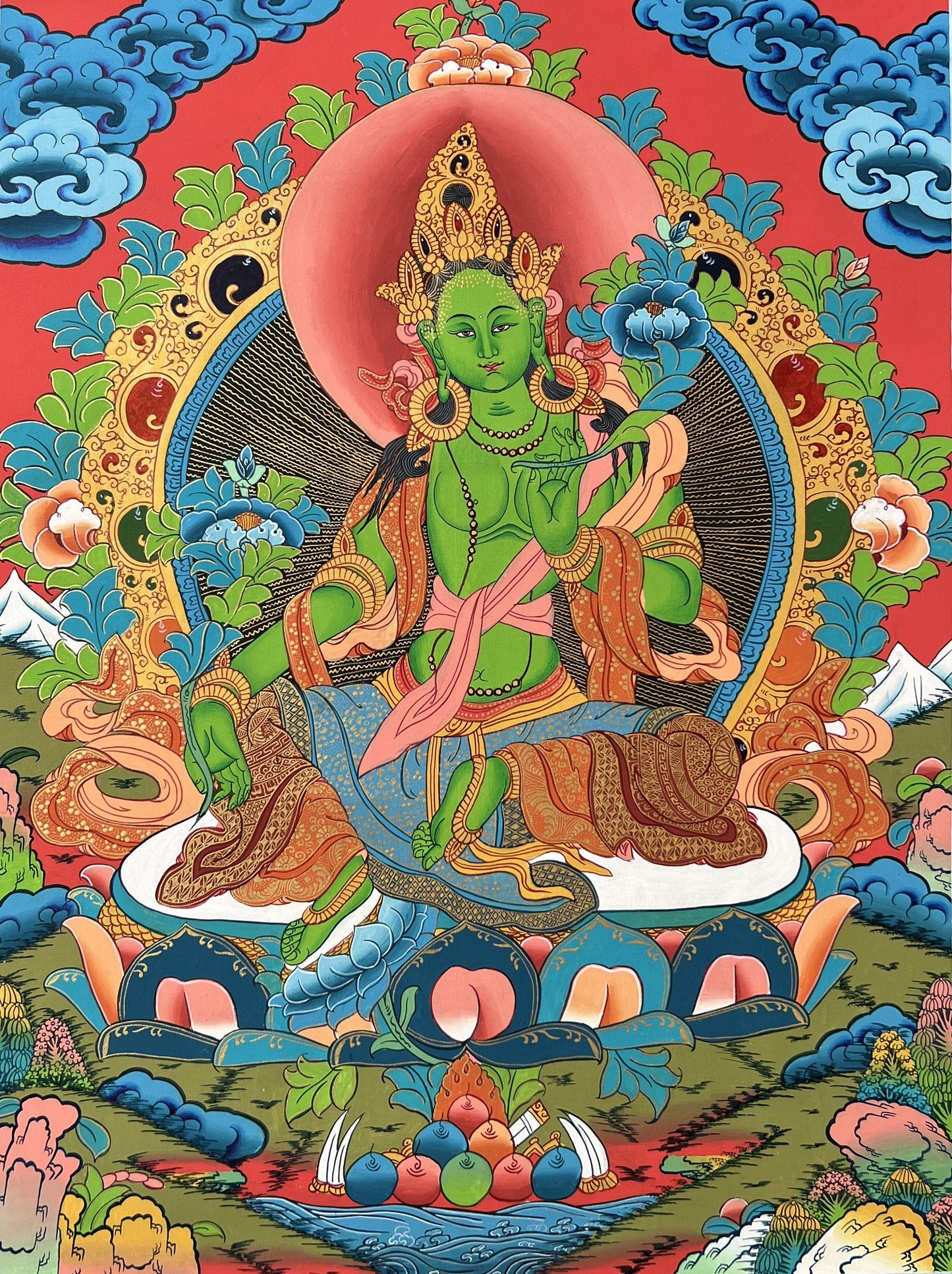 Hand-Painted Green Tara Thangka - Tibetan Goddess of Compassion and Protection with Silk Brocade