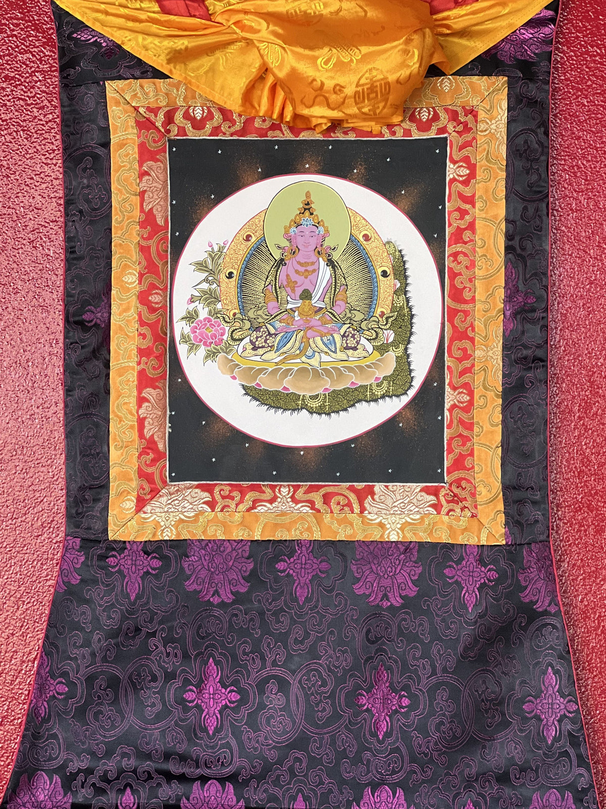 Hand-Painted Amitayus Buddha Thangka with Silk Brocade