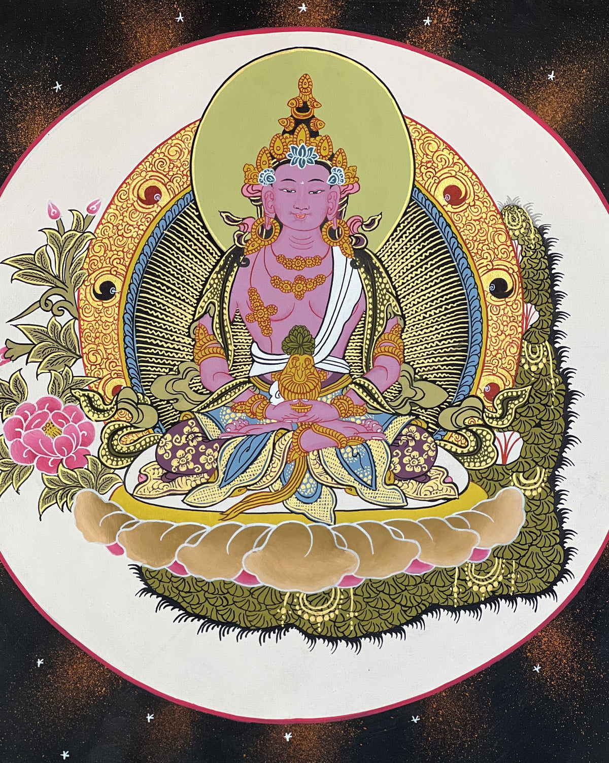 Hand-Painted Amitayus Buddha Thangka with Silk Brocade