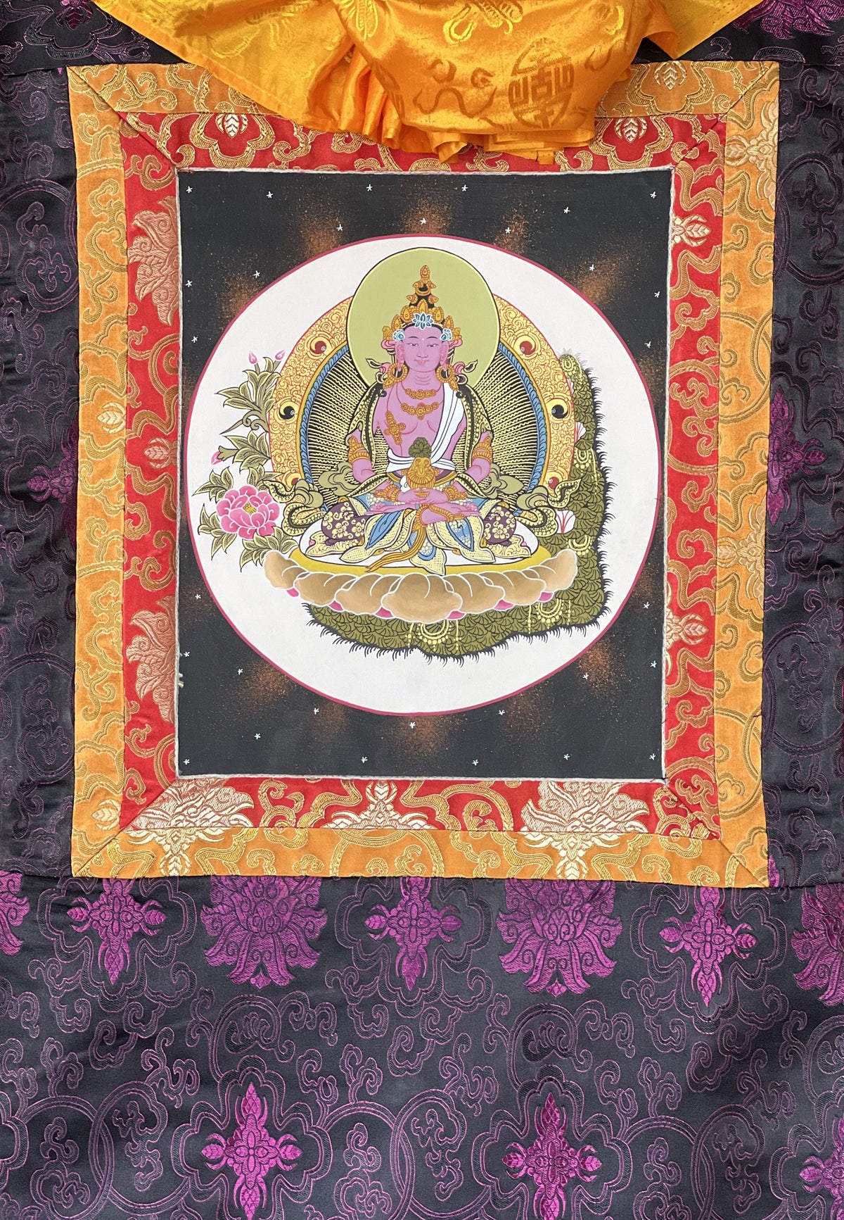Hand-Painted Amitayus Buddha Thangka with Silk Brocade