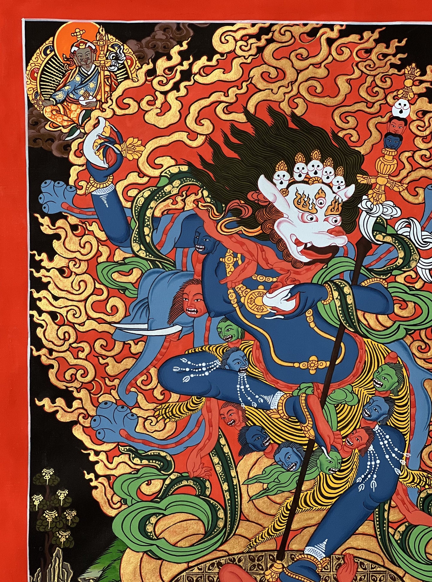 Simhamukhi Vajrayogini Thangka – Original Hand-Painted Lion-Faced Dakini Masterpiece With Silk Brocade