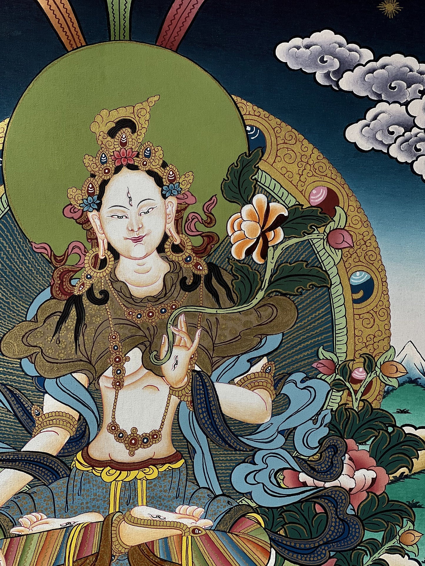 Hand-Painted White Tara Thangka, Mother Goddess Meditation Art