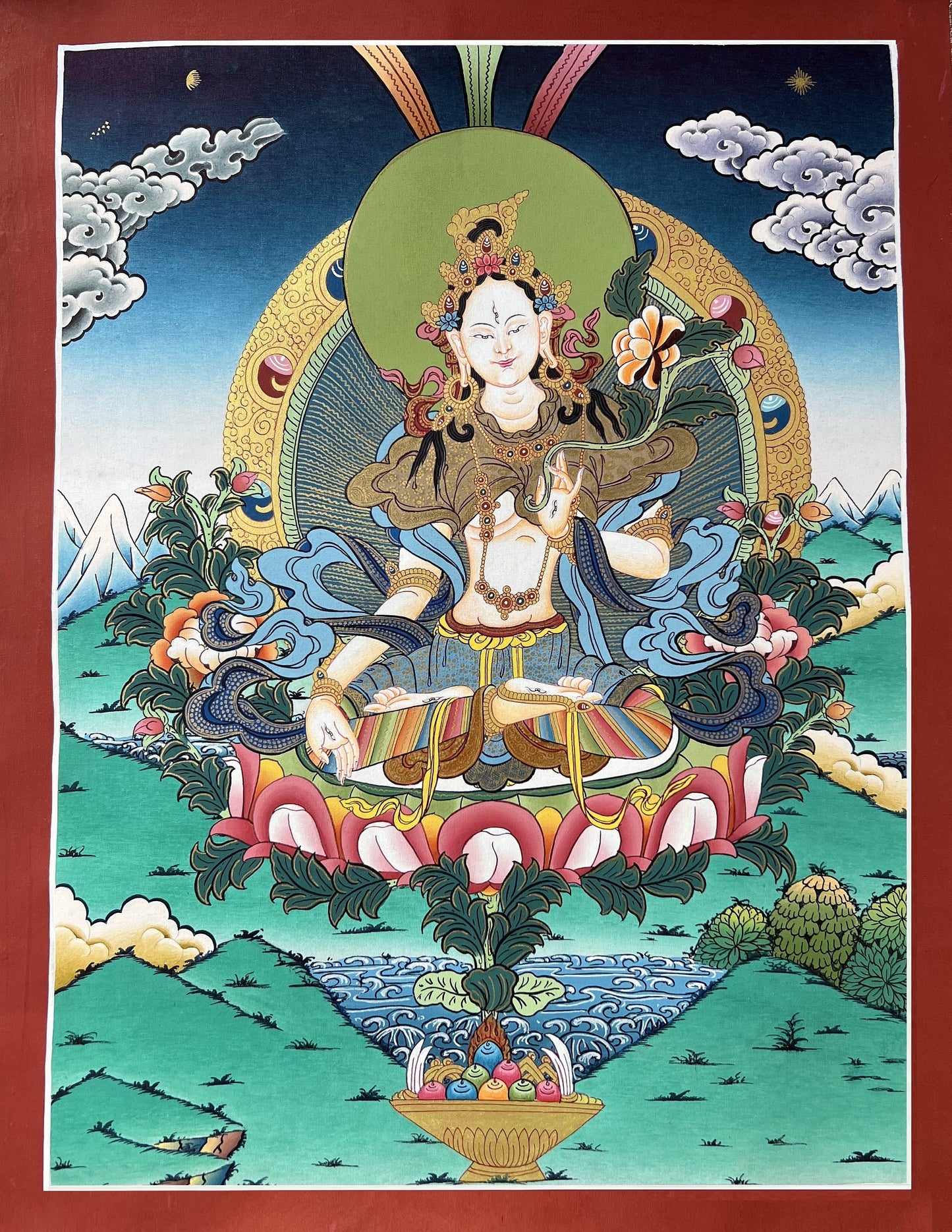 Hand-Painted White Tara Thangka, Mother Goddess Meditation Art