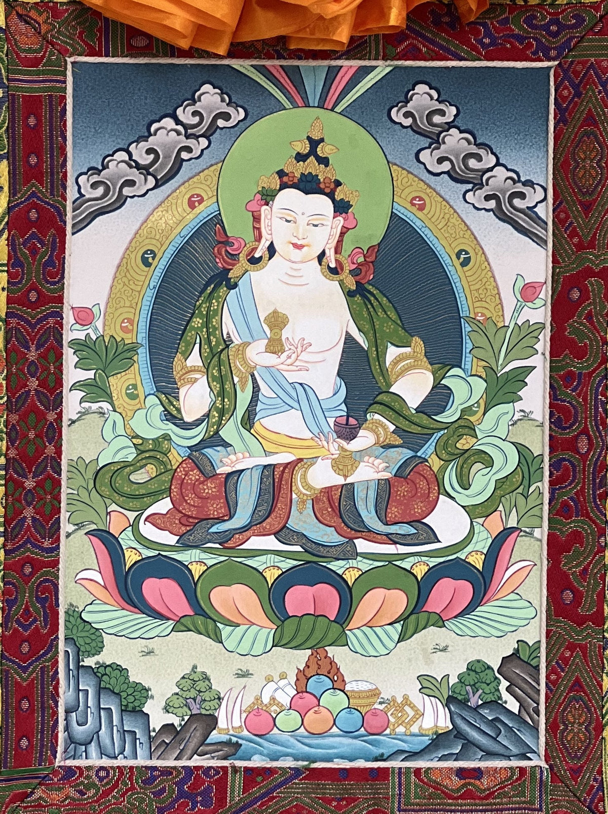 Vajrasattva Thangka Painting: Original Buddhist Art with Silk Brocade