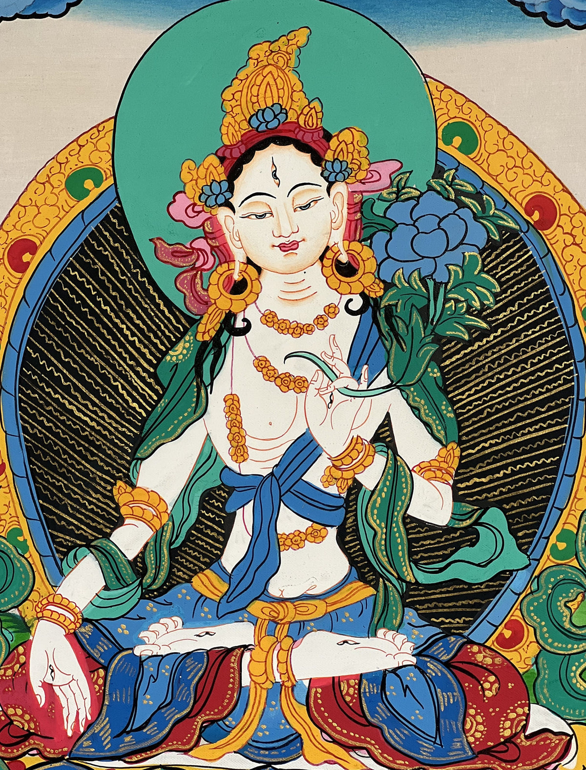 White Tara Thangka Painting, Buddhist Art with Silk Border