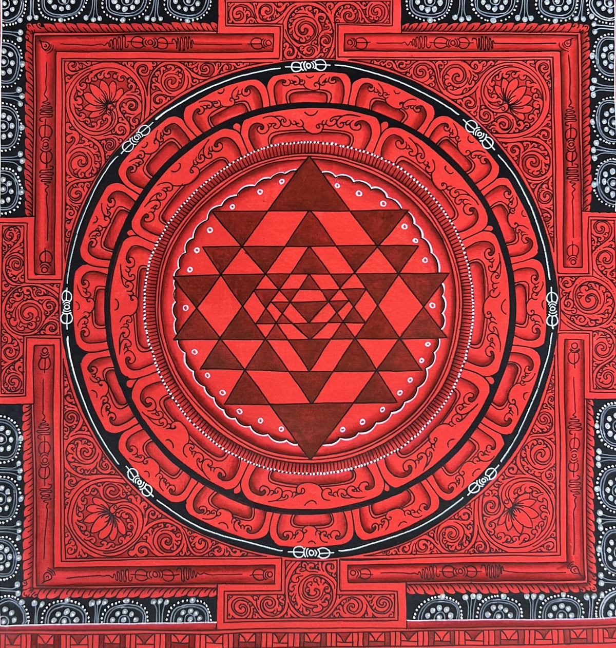 Hand-Painted Shri Yantra Mandala Thangka Painting, 12x12"