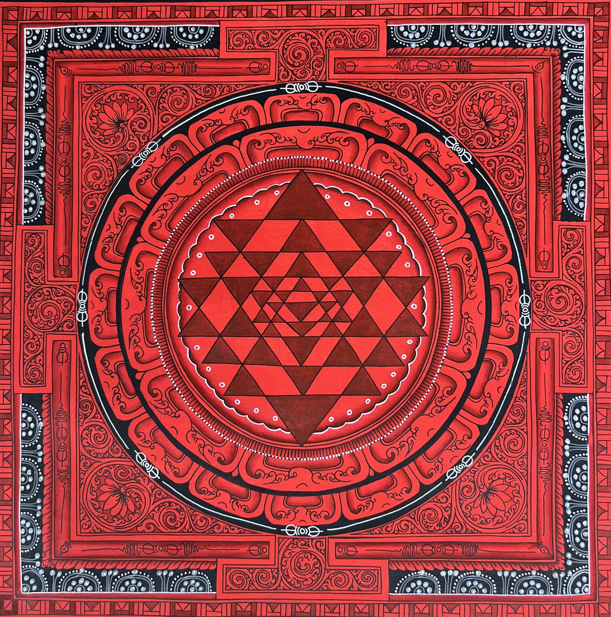 Hand-Painted Shri Yantra Mandala Thangka Painting, 12x12"