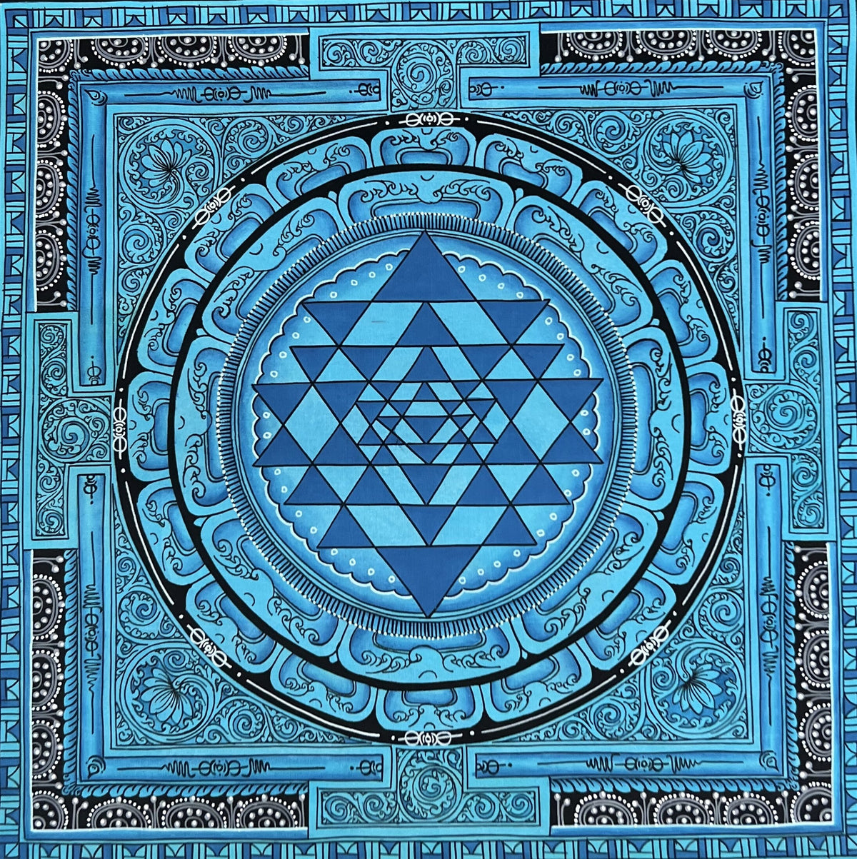 Hand-Painted Shri Yantra Mandala, Shri Vidya Newari Art