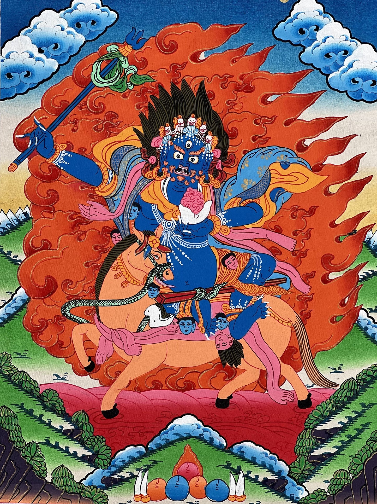Hand-painted Palden Lhamo Thangka Painting with Silk Brocade