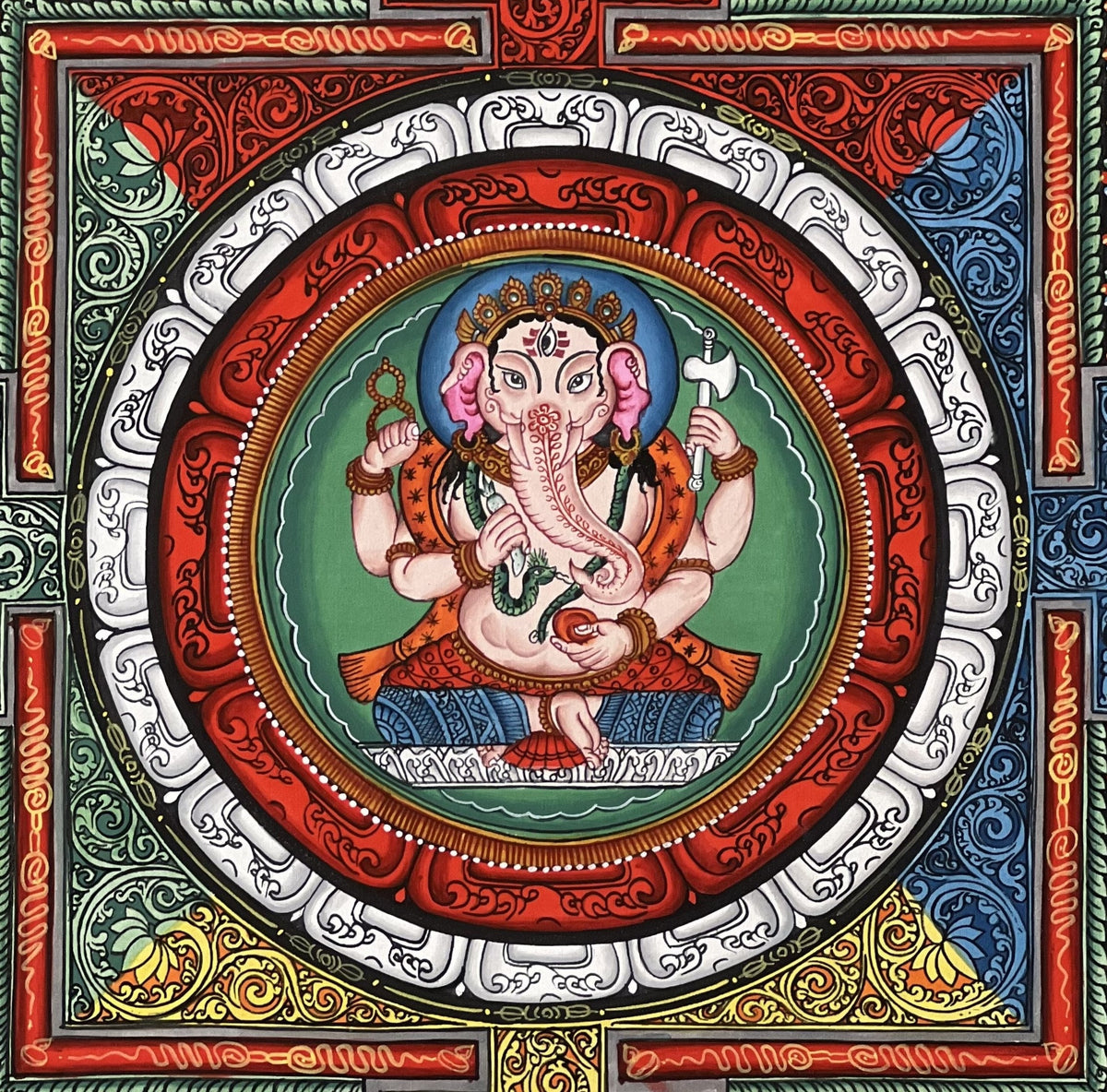 Hand-Painted Ganesha Thangka, ShriYantra Mandala Art