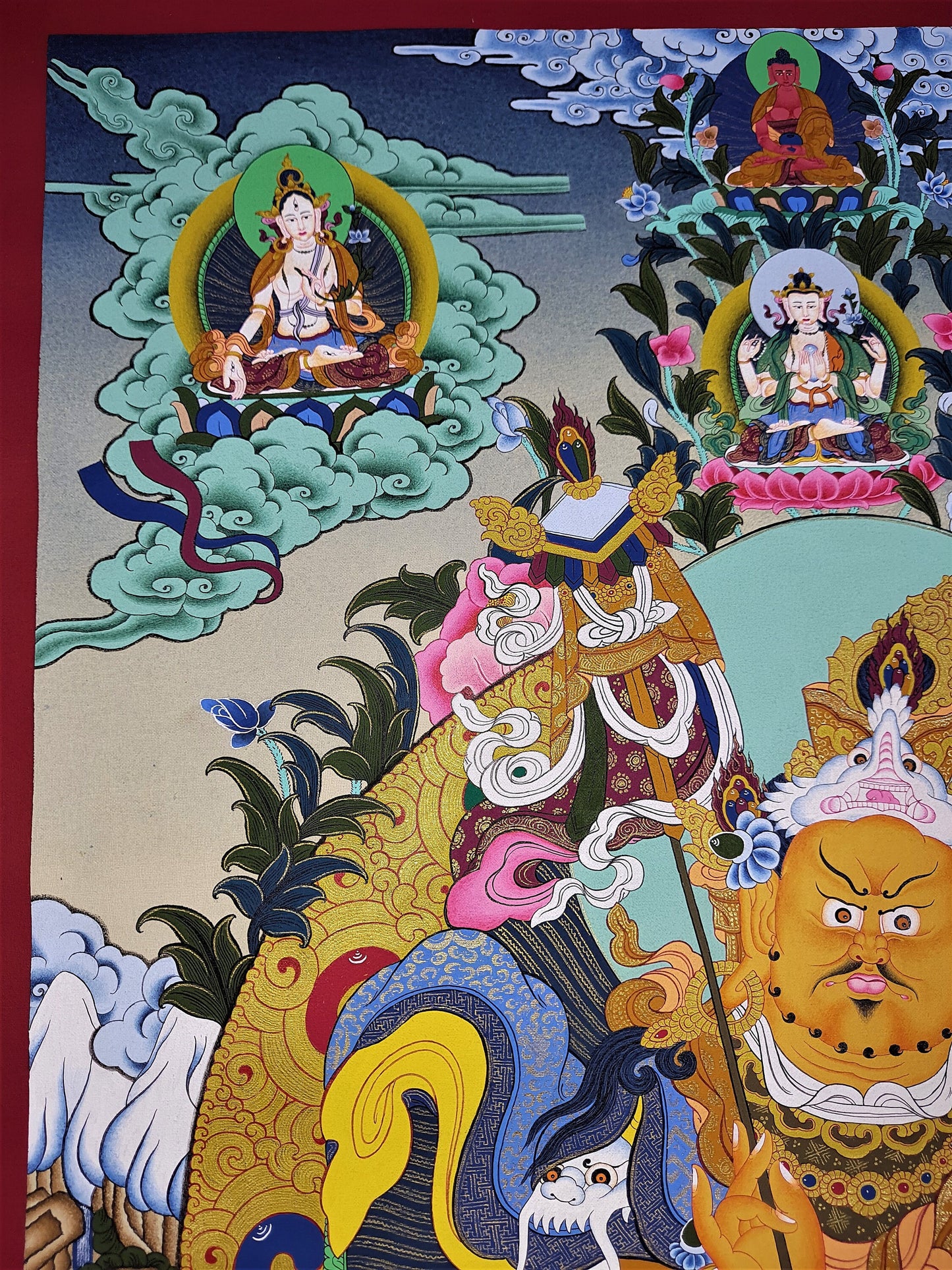 Hand-Painted Yellow Dzambhala Thangka Painting, Tibetan God of Wealth