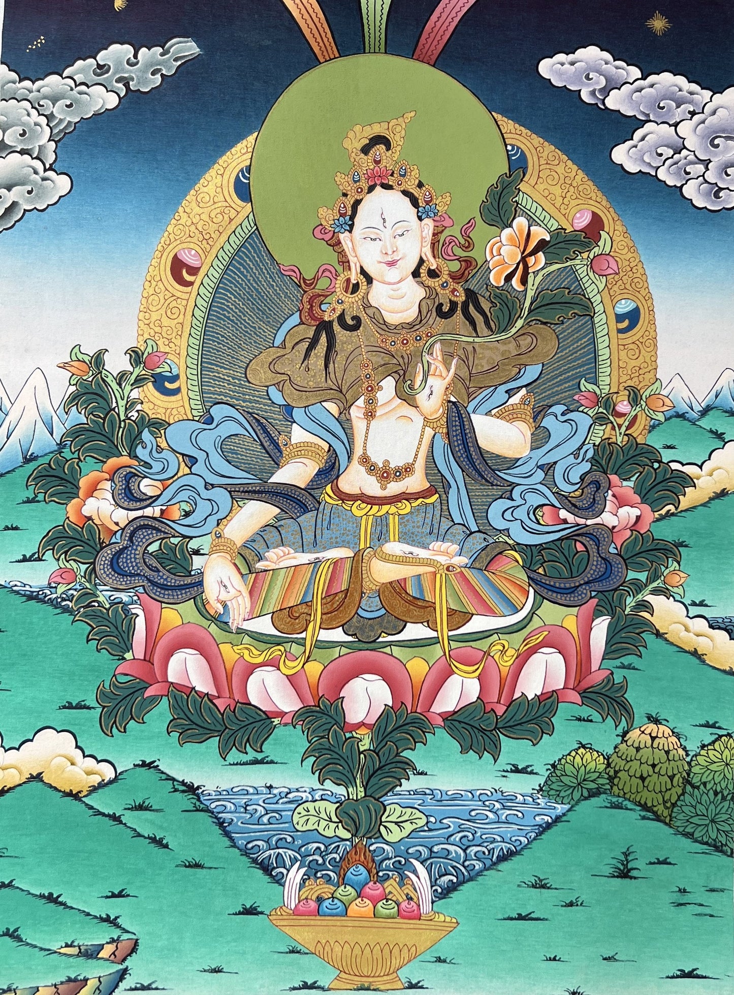 Hand-Painted White Tara Thangka, Mother Goddess Meditation Art
