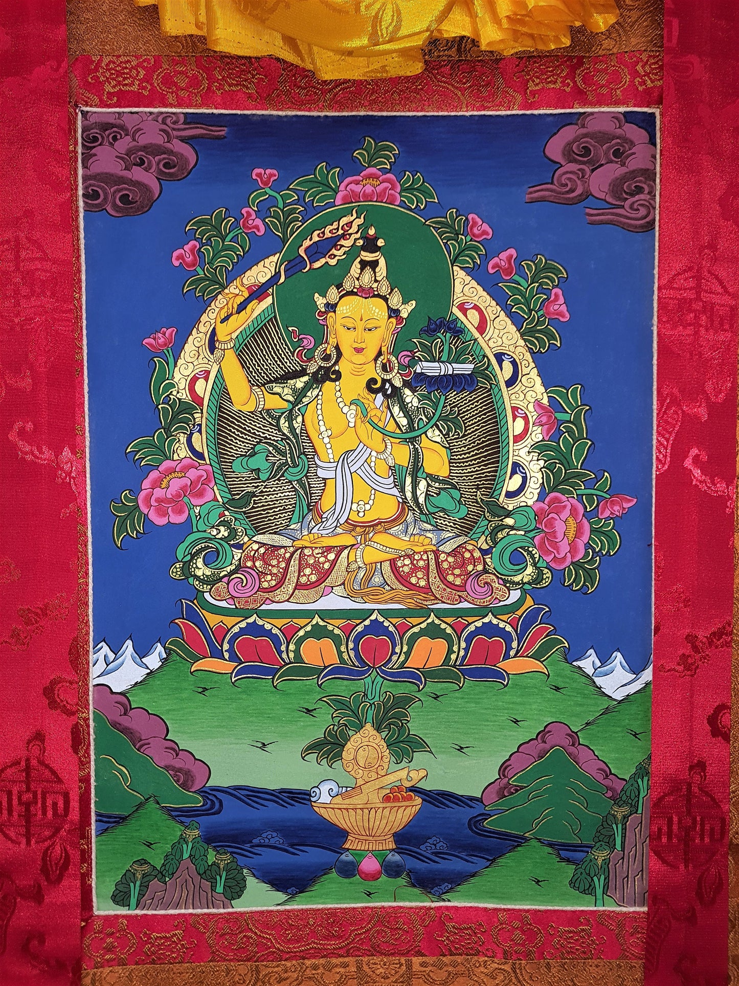 Hand-Painted Manjushri Thangka Painting, God of Wisdom - Tibetan Art, Silk Framed