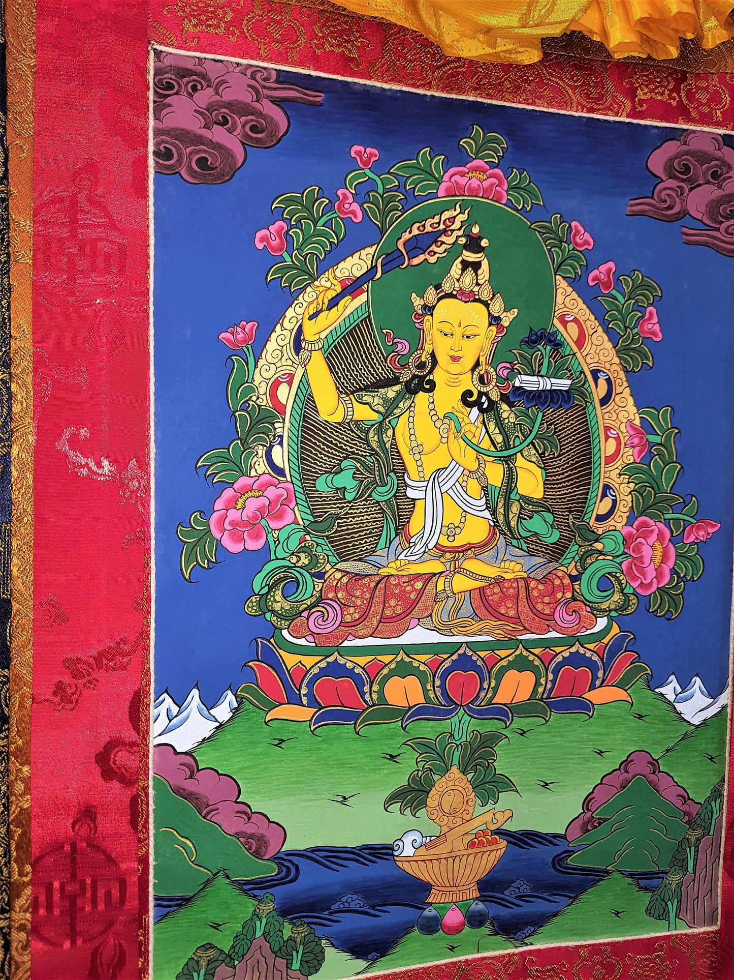 Hand-Painted Manjushri Thangka Painting, God of Wisdom - Tibetan Art, Silk Framed
