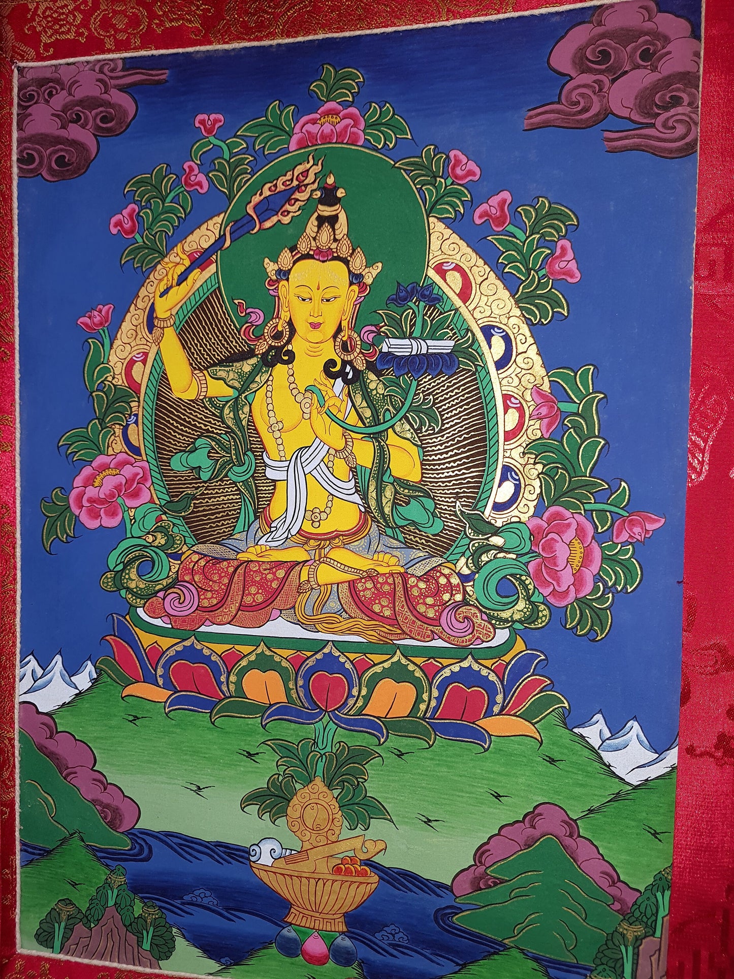 Hand-Painted Manjushri Thangka Painting, God of Wisdom - Tibetan Art, Silk Framed